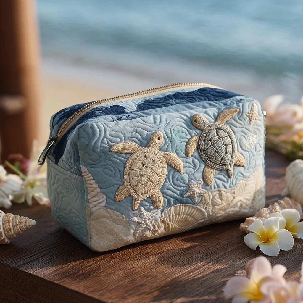Quilted Sea Turtle Makeup Bag, Coastal Beach Cosmetic Bag, Ocean Travel Toiletry Pouch, Nautical Zipper Organizer Gift for Women – QMBPETAL62