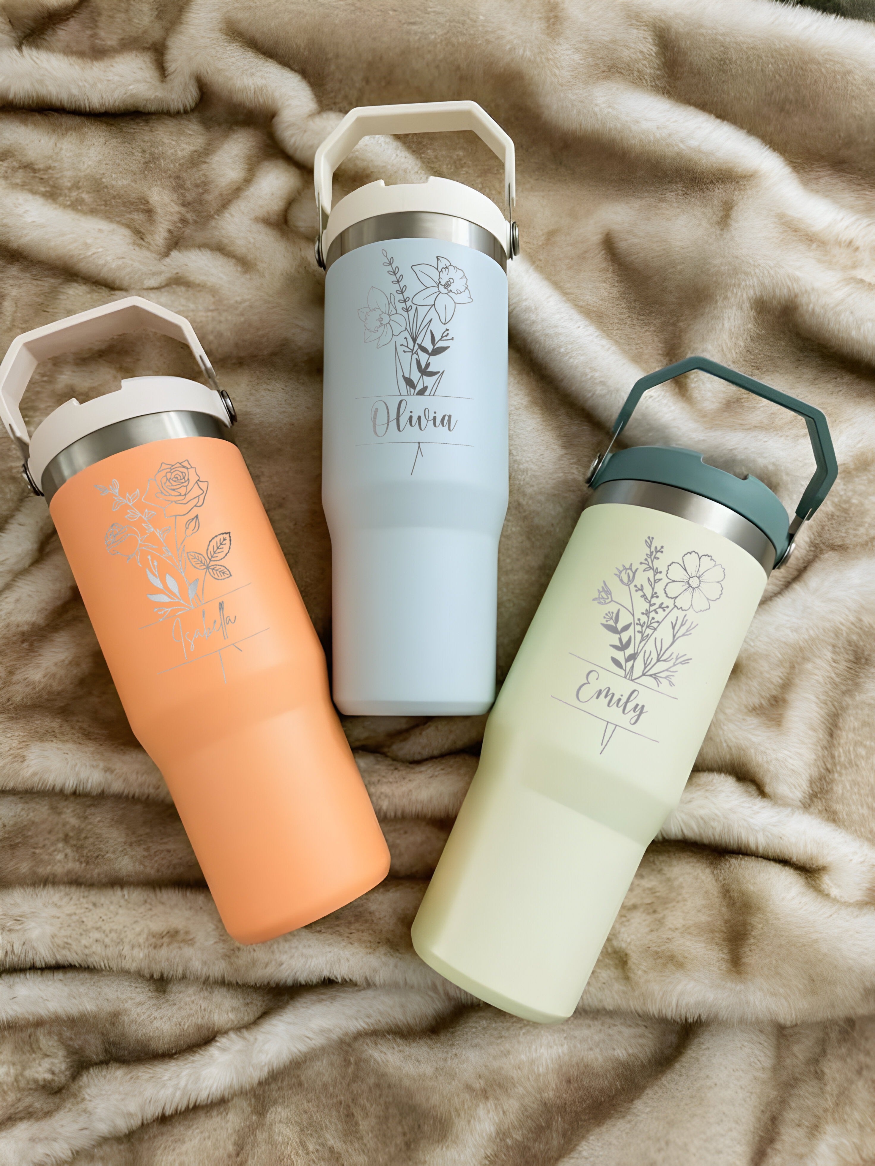 Personalized Birth Flower Flip Straw Tumbler, Custom Name Engraved 40oz Cup, Monthly Bloom Floral Gift for Her, Christmas Gifts, Bridesmaid Gift
