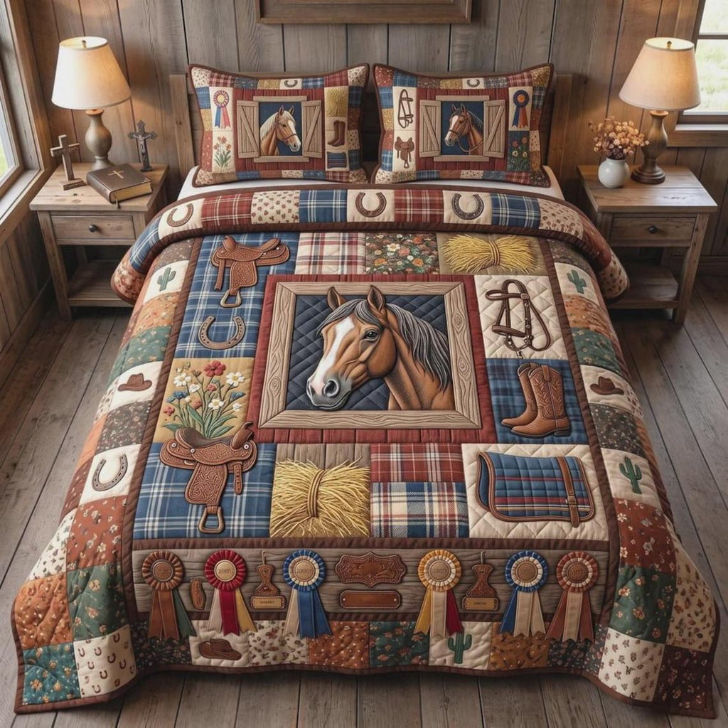 Western Horse Quilted Bedding Set, Cowboy Boots and Saddle Patchwork Bedspread with Pillowcases, Festive Winter Bedroom Decor, Bedding Decor PTBED38
