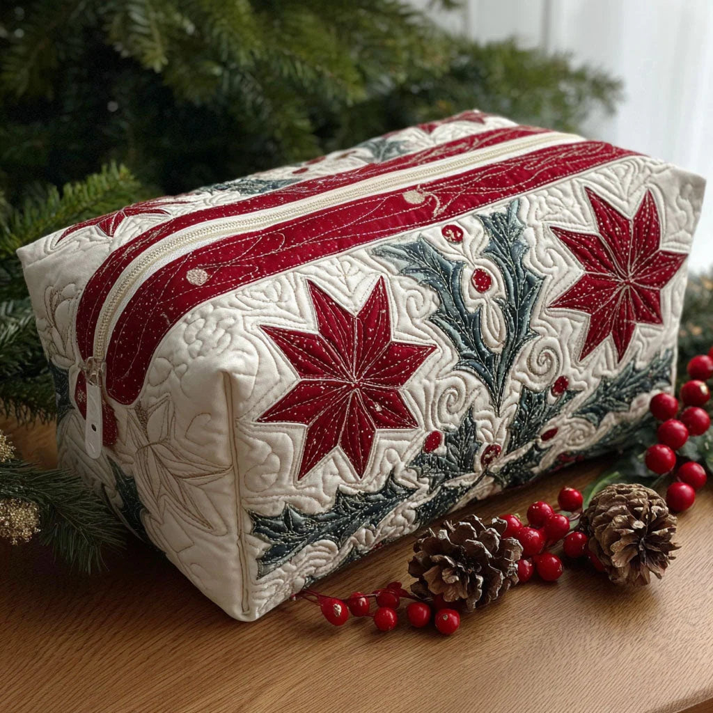 Quilted Christmas Poinsettia Makeup Bag, Holiday Cosmetic Bag, Winter Floral Toiletry Pouch, Festive Travel Zipper Organizer, Christmas Gift for Women – QMBPETAL63