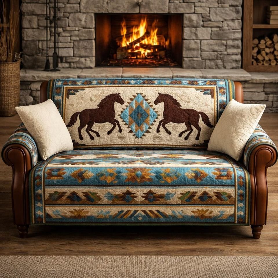 Personalized Western Horse Quilted Sofa Cover, Horse Pattern Sofa Cover, Patchwork Couch Throw, Sofa Protector, Holiday Sofa Decor QUILTSOFA53
