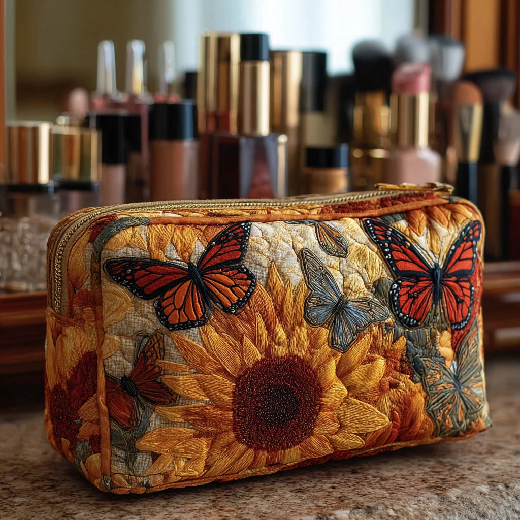 Quilted Sunflower & Monarch Butterfly Makeup Bag, Autumn Floral Cosmetic Bag, Fall Travel Toiletry Pouch, Nature-Inspired Zipper Organizer Gift for Women – QMBPETAL64