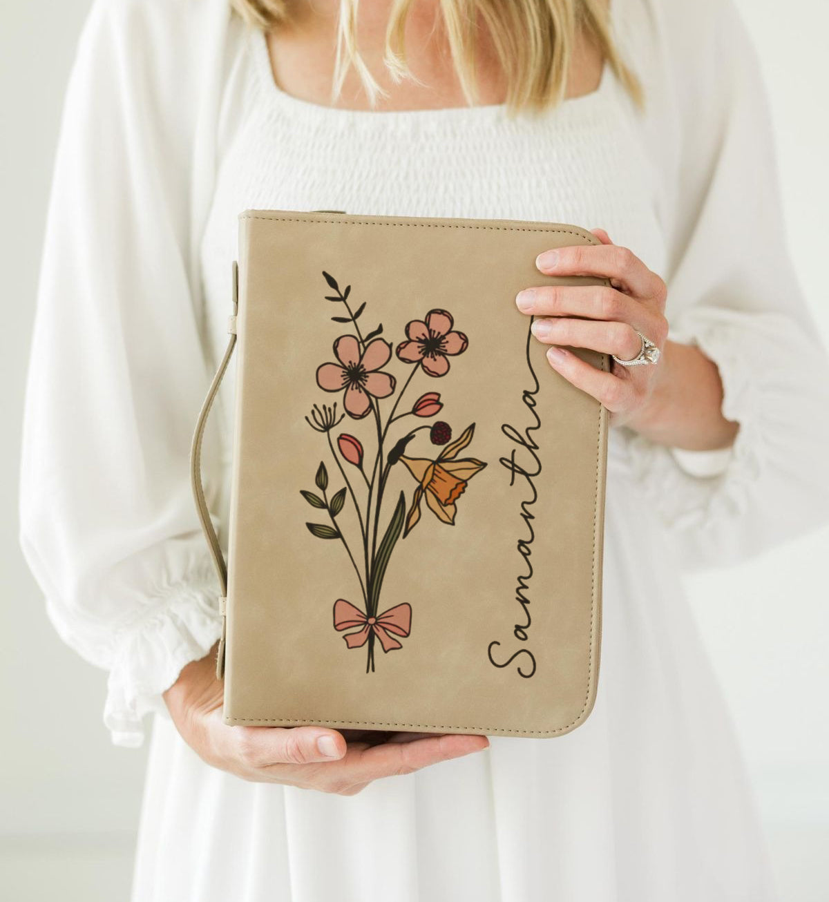 Personalized Bible Cover with Birth Flower, Custom Name Floral Leather Bible Case, Christian Gift for Women, Scripture Protector