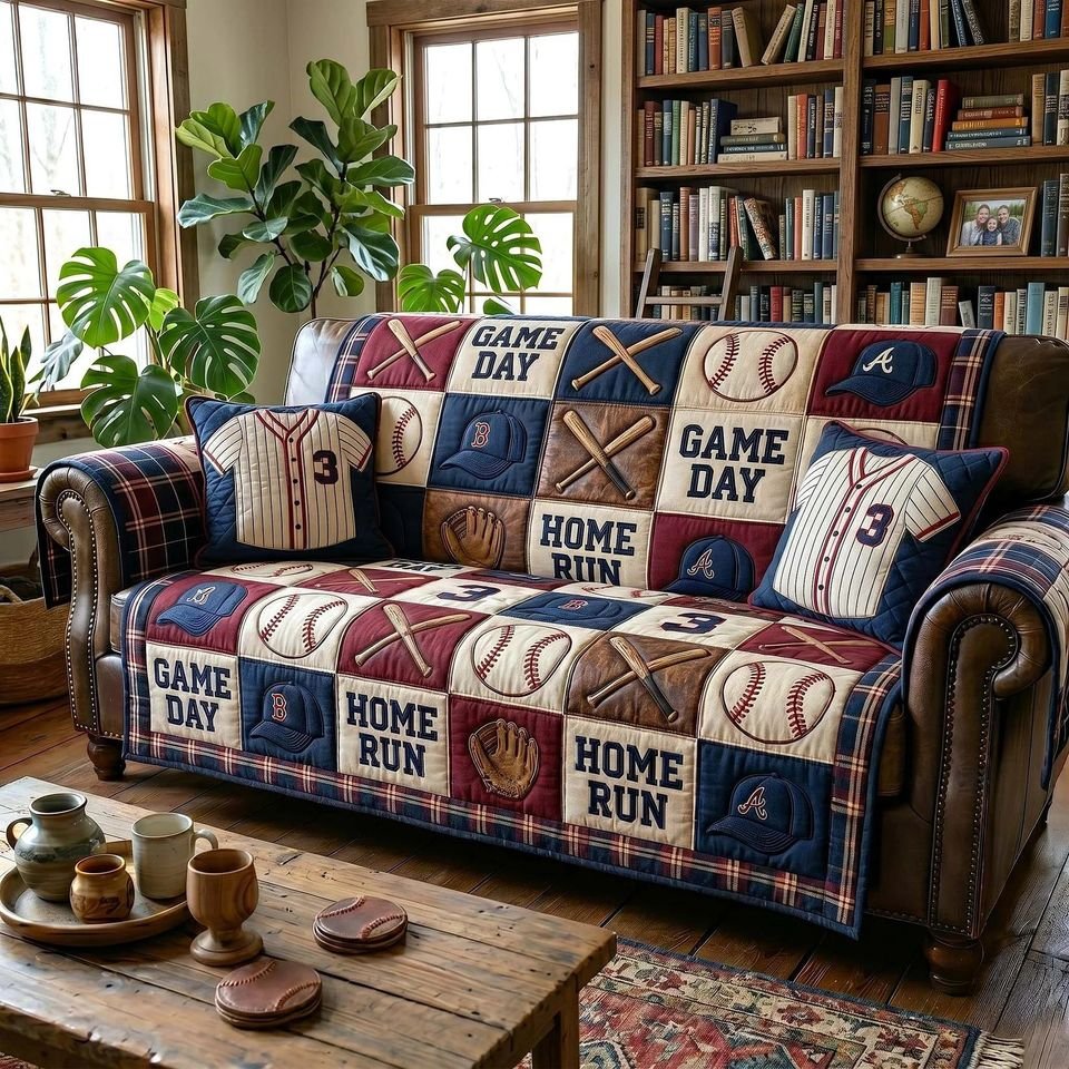 Personalized Baseball Game Day Quilted Sofa Cover, Baseball Pattern Sofa Cover, Patchwork Couch Throw, Sofa Protector, Holiday Sofa Decor QUILTSOFA54
