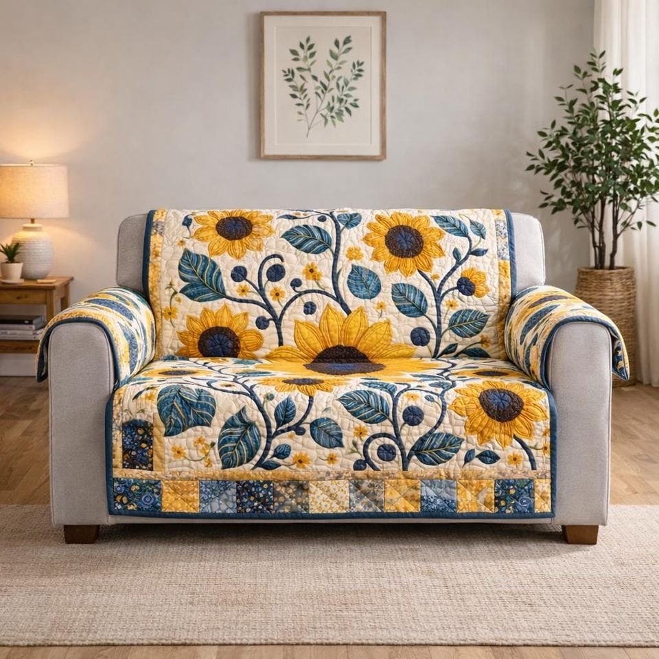 Personalized Sunflower Quilted Sofa Cover, Sunflower Pattern Sofa Cover, Patchwork Couch Throw, Sofa Protector, Holiday Sofa Decor QUILTSOFA55
