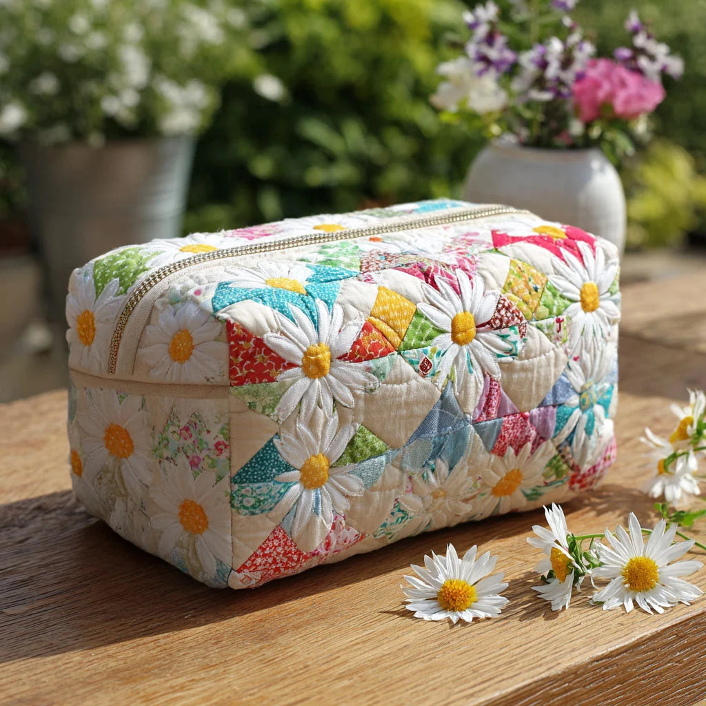 Quilted Patchwork Daisy Makeup Bag, Cottagecore Floral Cosmetic Bag, Spring Travel Toiletry Pouch, Vintage Flower Zipper Organizer Gift for Women – QMBPETAL65
