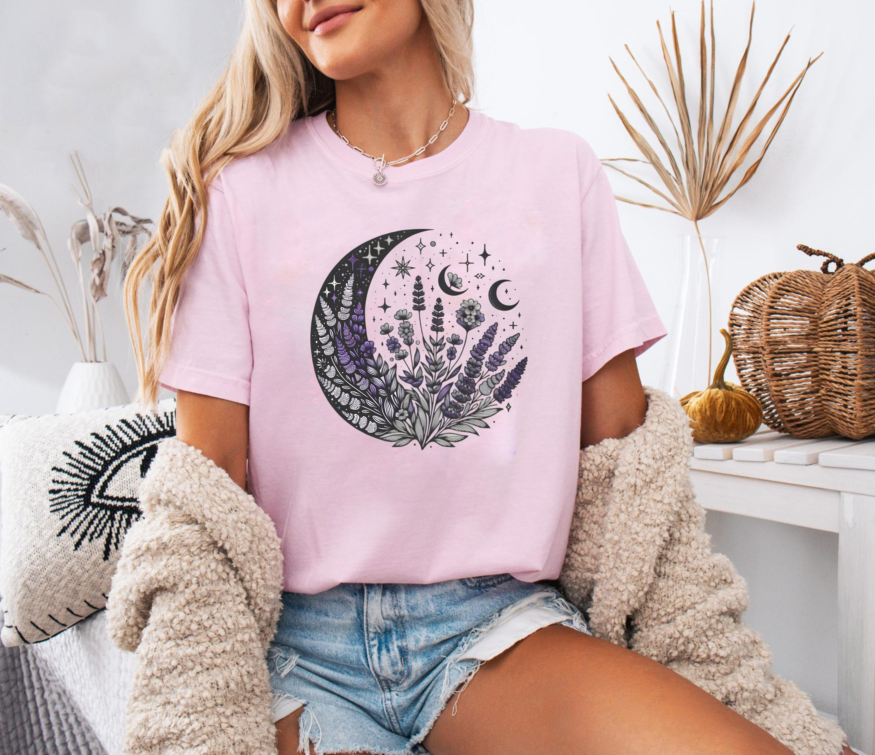 Lavender Moon Shirt, Celestial Witchcore Shirt, Moon Phase Floral Tee, Goth Aesthetic Shirt, Night Garden Shirt, Witchy Vibes Tee