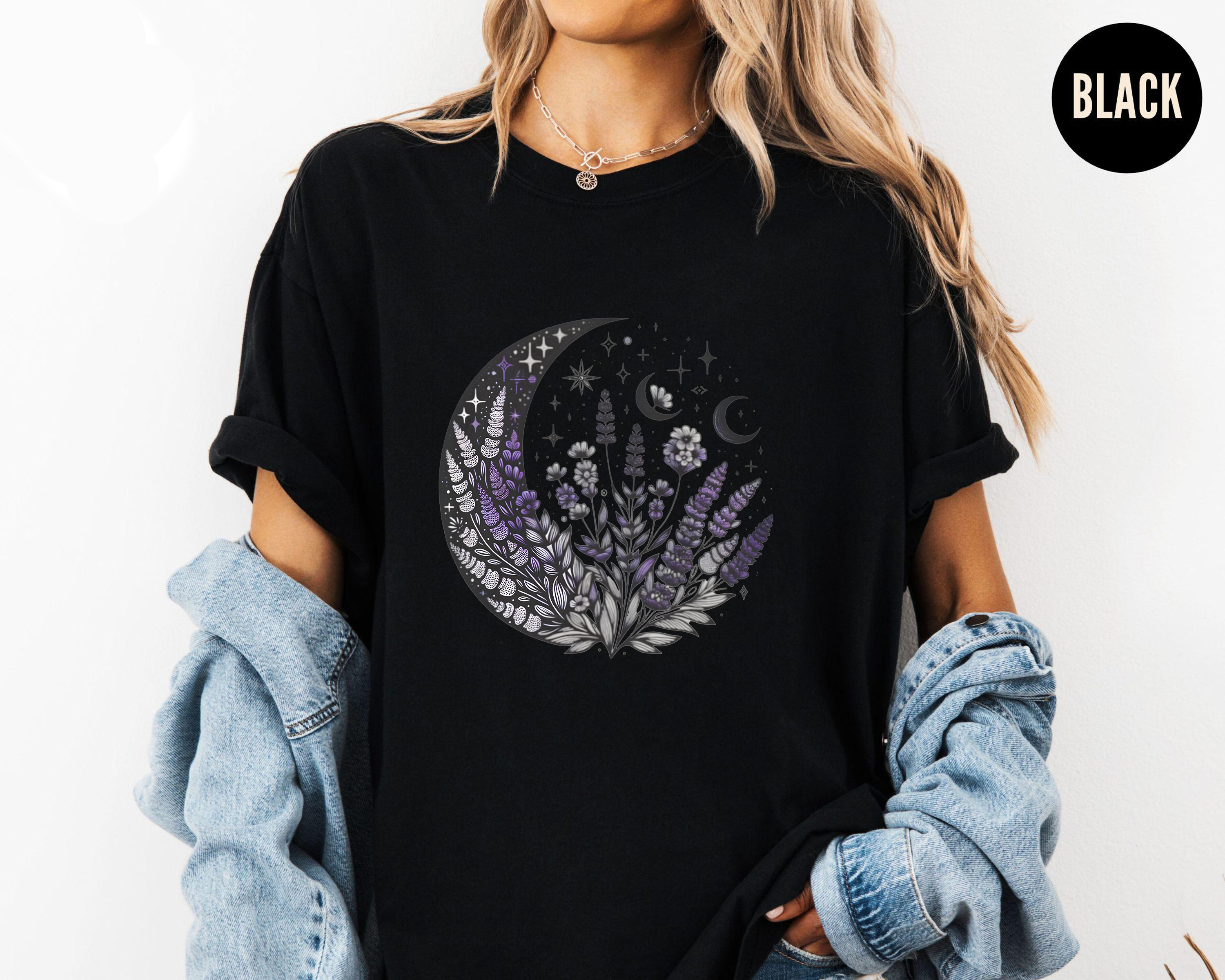 Lavender Moon Shirt, Celestial Witchcore Shirt, Moon Phase Floral Tee, Goth Aesthetic Shirt, Night Garden Shirt, Witchy Vibes Tee