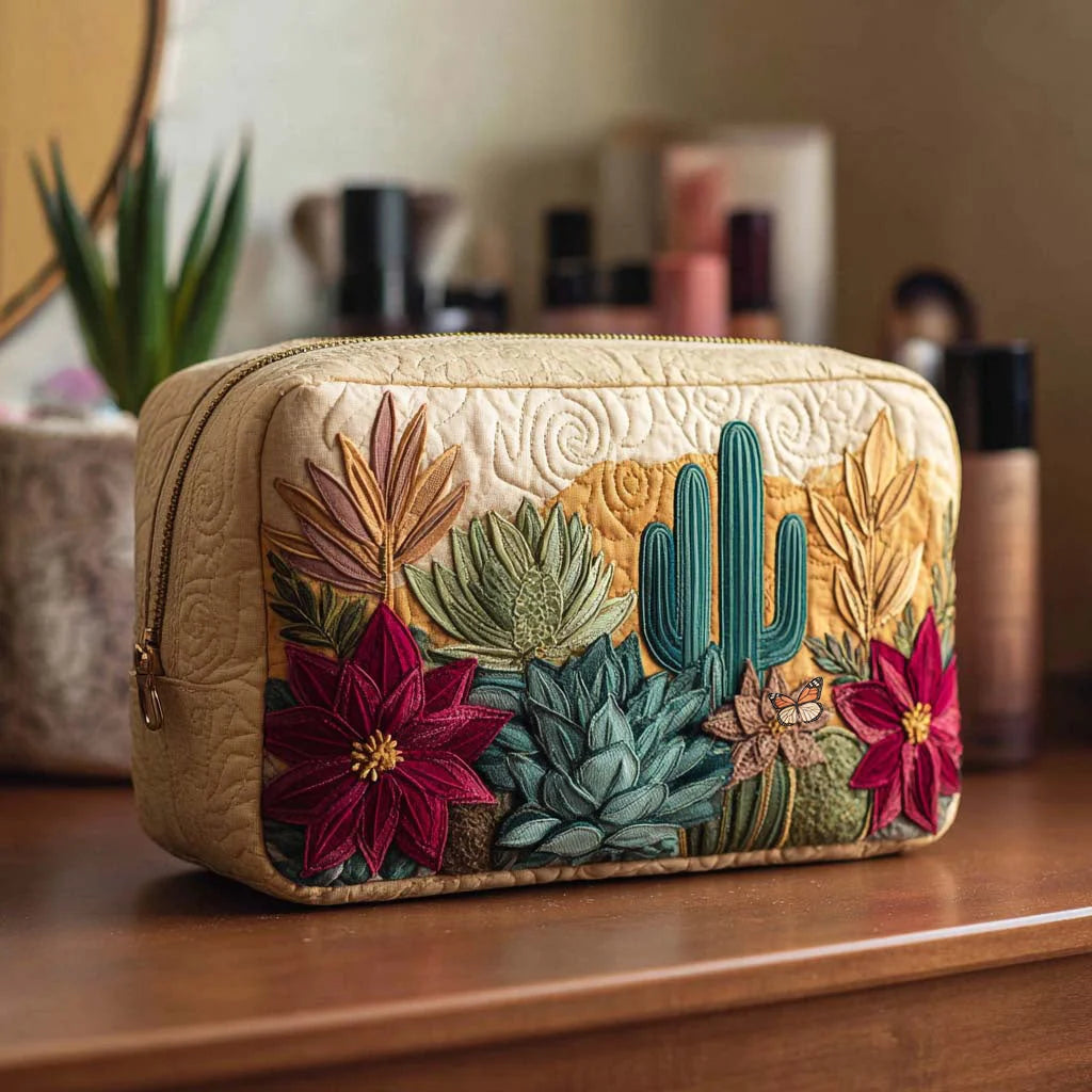 Quilted Desert Cactus Makeup Bag, Southwestern Succulent Cosmetic Bag, Boho Travel Toiletry Pouch, Desert Floral Zipper Organizer Gift for Women – QMBPETAL66