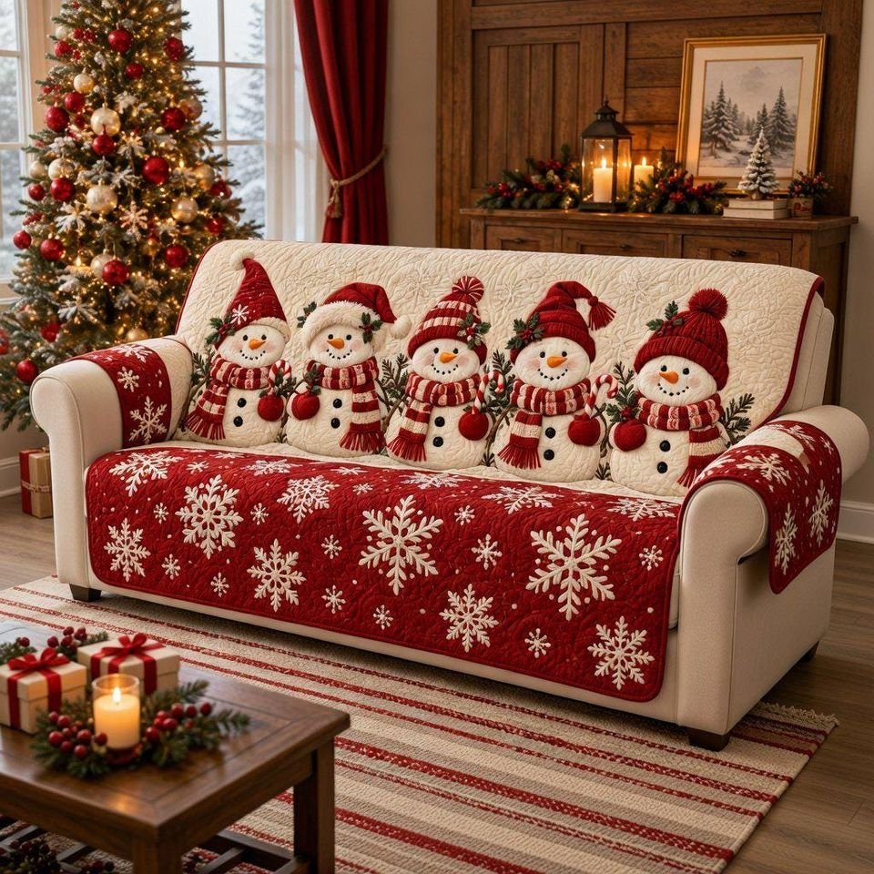 Personalized Snowman Christmas Quilted Sofa Cover, Snowman Pattern Sofa Cover, Patchwork Couch Throw, Sofa Protector, Holiday Sofa Decor QUILTSOFA56