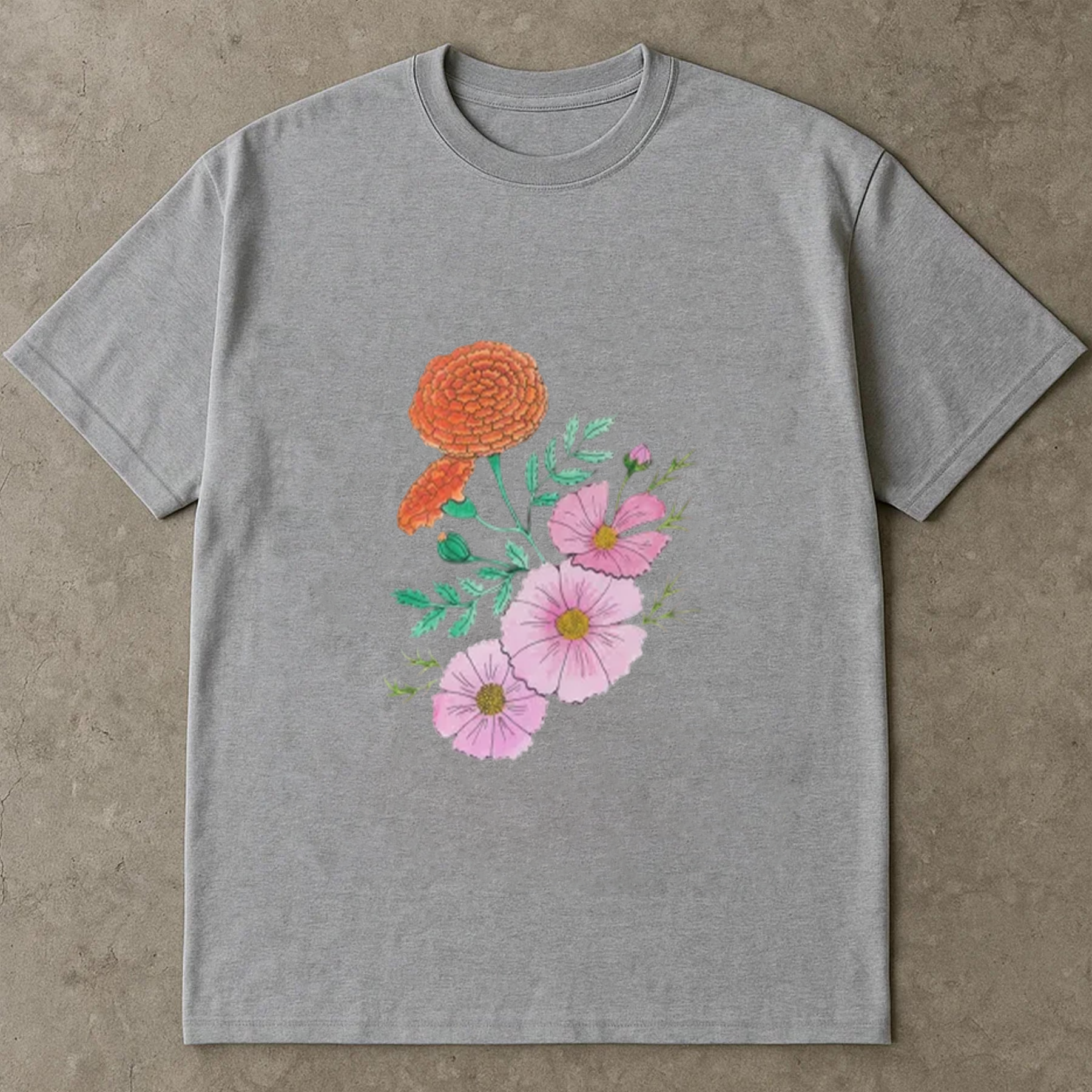Vintage Wildflower Shirt, Hand Drawn Floral Tee, Marigold and Cosmos Shirt, Botanical Aesthetic Tee, Cottagecore T-Shirt