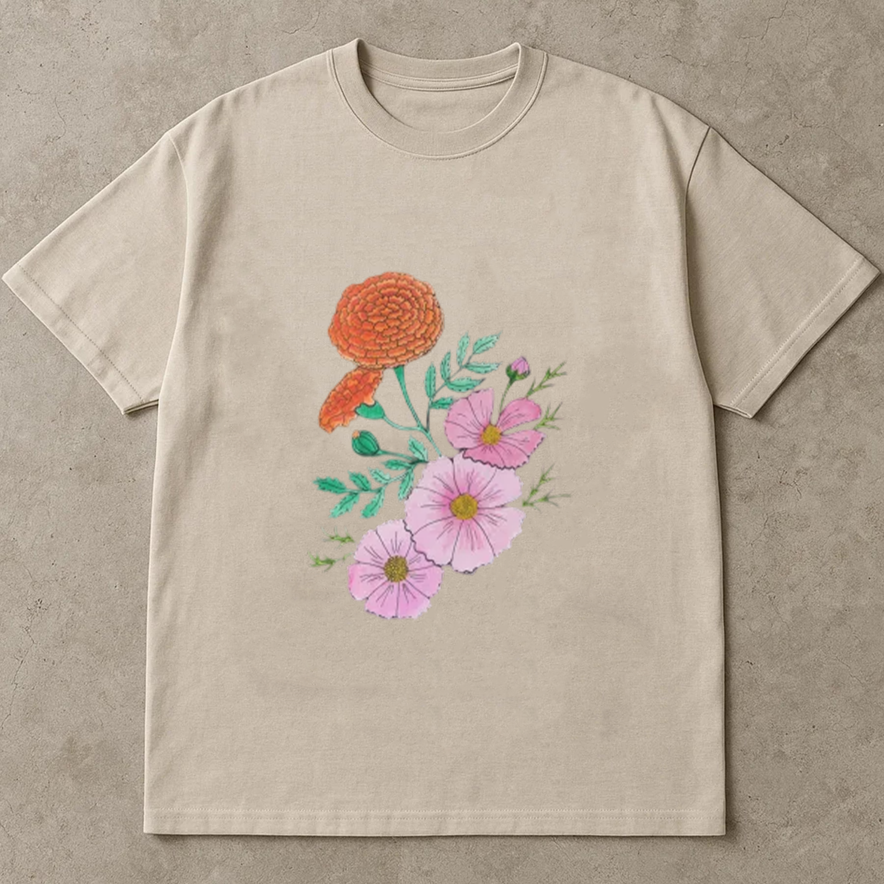 Vintage Wildflower Shirt, Hand Drawn Floral Tee, Marigold and Cosmos Shirt, Botanical Aesthetic Tee, Cottagecore T-Shirt