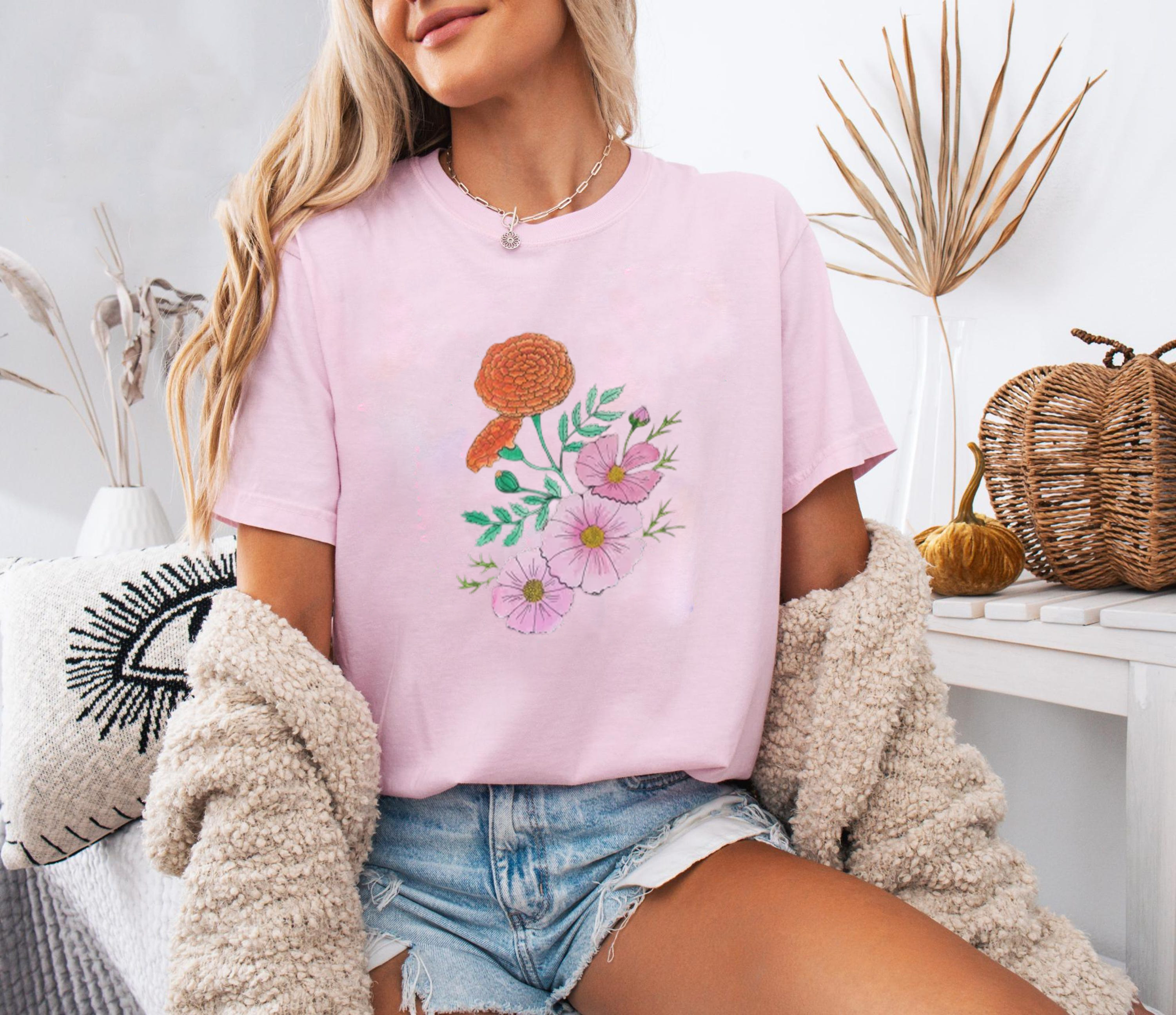 Vintage Wildflower Shirt, Hand Drawn Floral Tee, Marigold and Cosmos Shirt, Botanical Aesthetic Tee, Cottagecore T-Shirt
