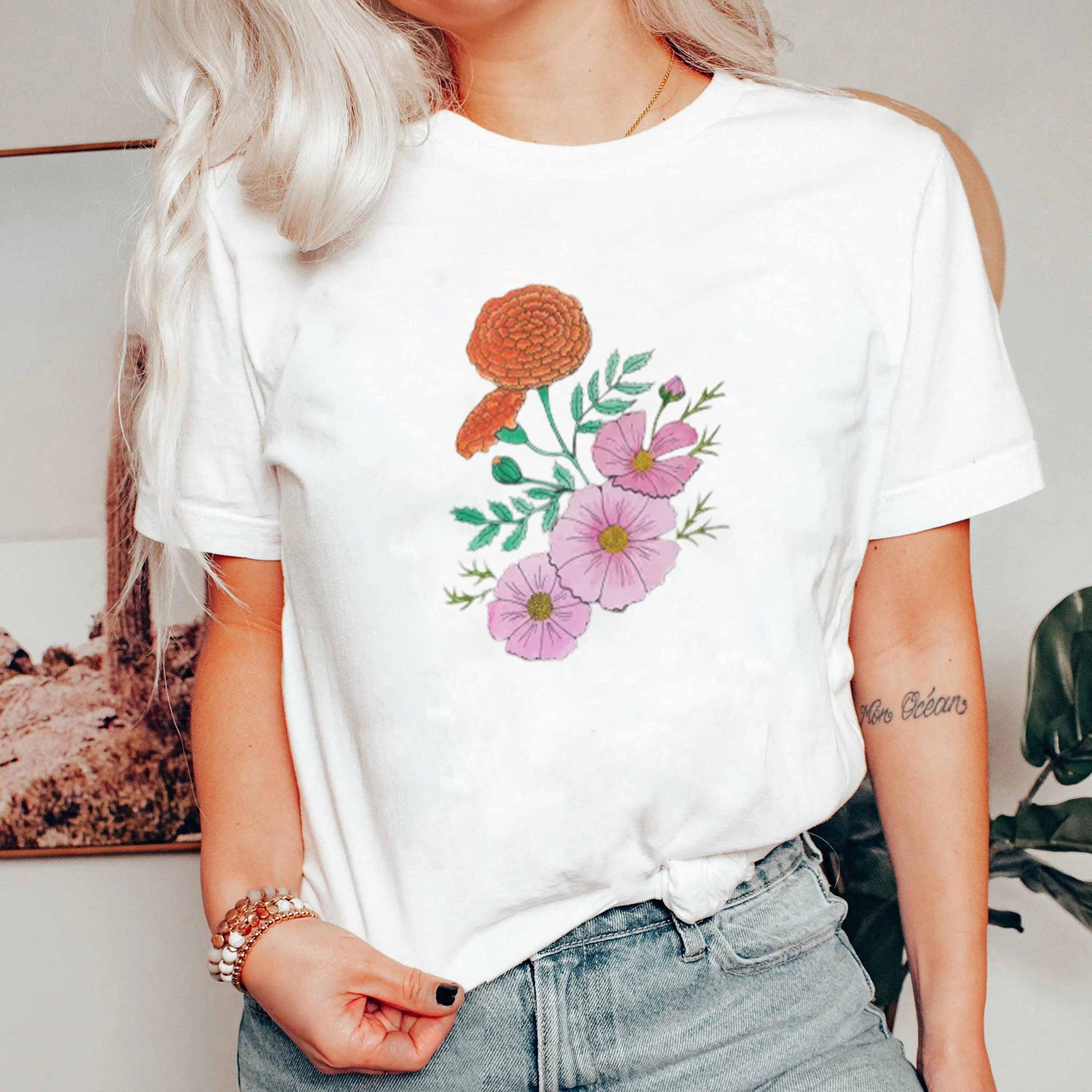 Vintage Wildflower Shirt, Hand Drawn Floral Tee, Marigold and Cosmos Shirt, Botanical Aesthetic Tee, Cottagecore T-Shirt