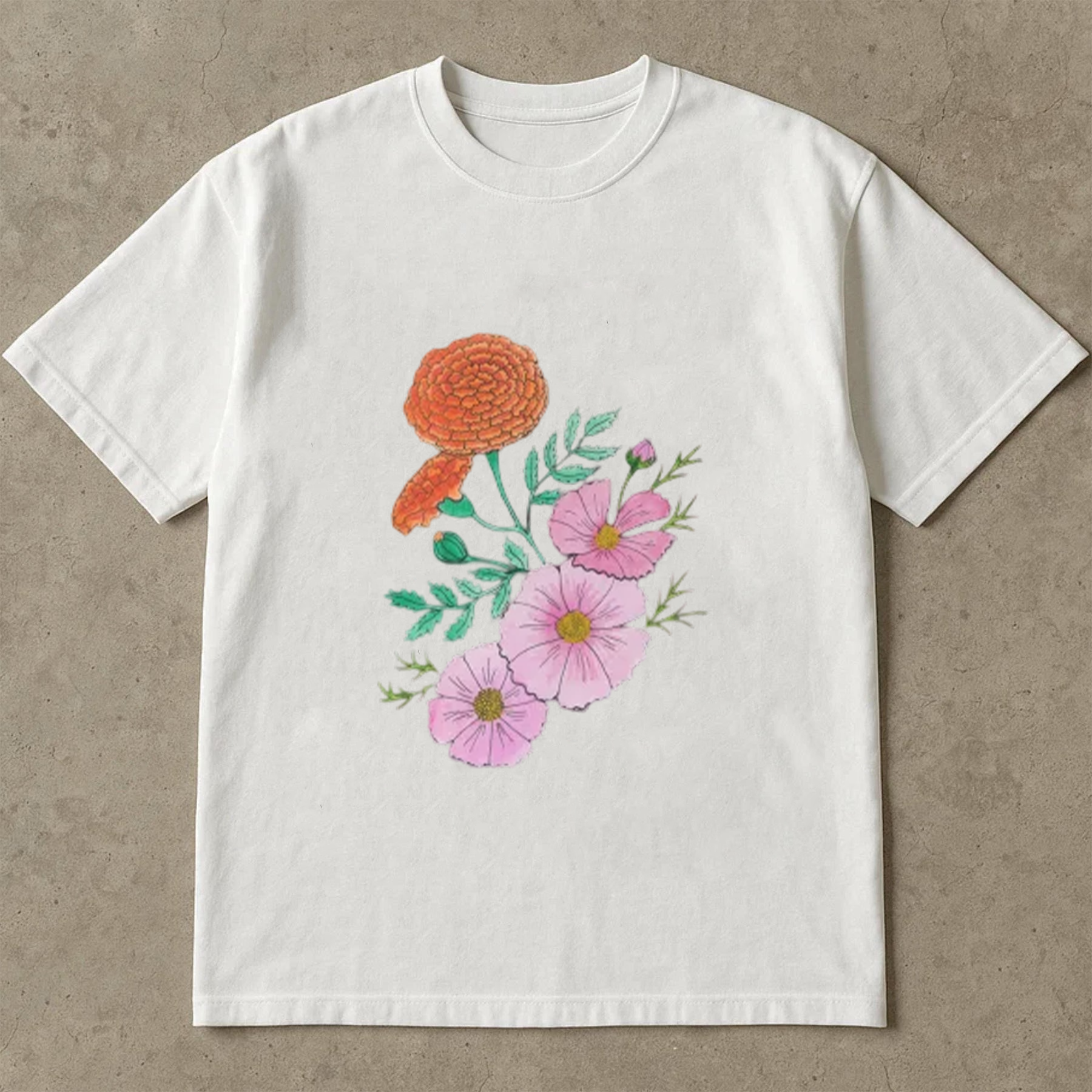 Vintage Wildflower Shirt, Hand Drawn Floral Tee, Marigold and Cosmos Shirt, Botanical Aesthetic Tee, Cottagecore T-Shirt
