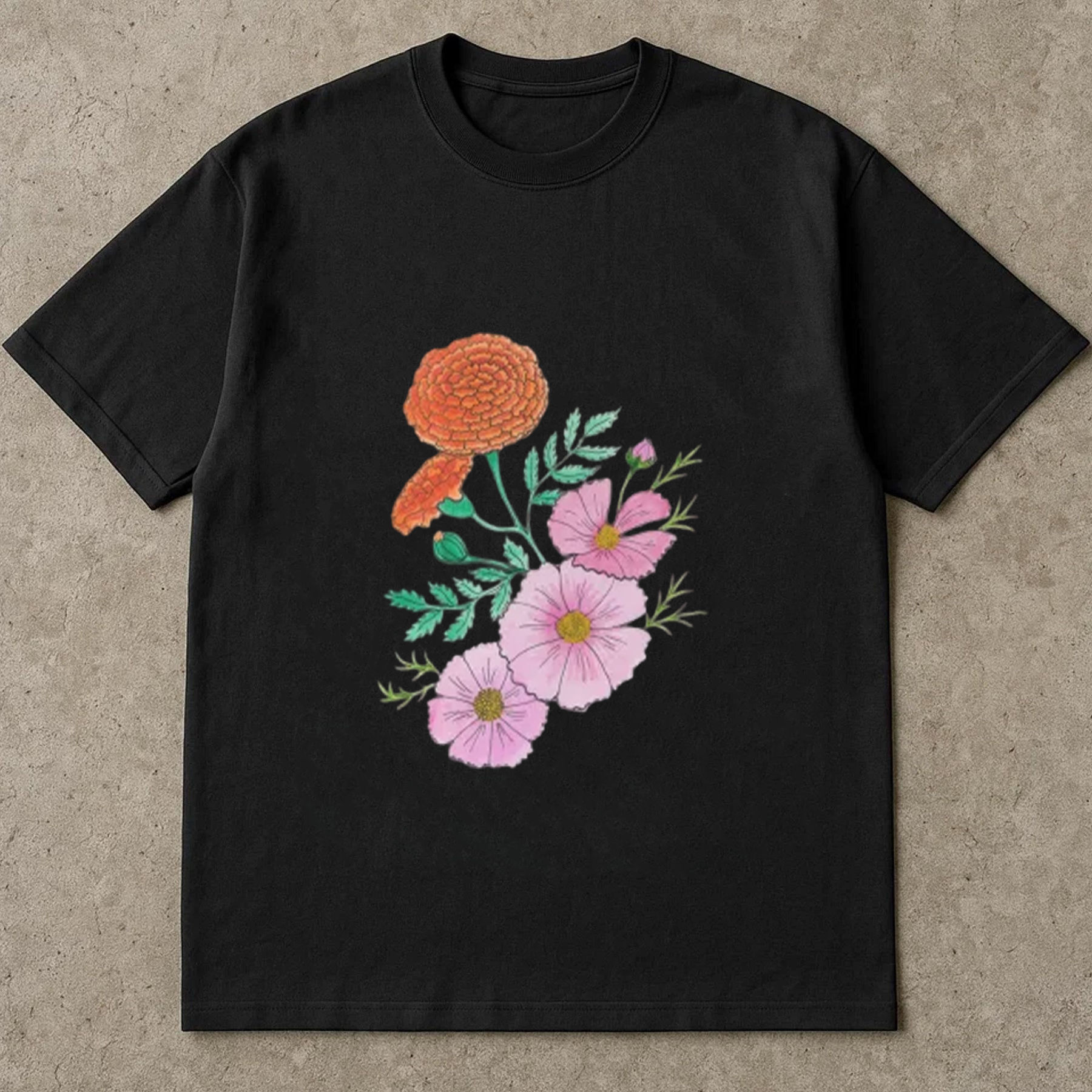 Vintage Wildflower Shirt, Hand Drawn Floral Tee, Marigold and Cosmos Shirt, Botanical Aesthetic Tee, Cottagecore T-Shirt