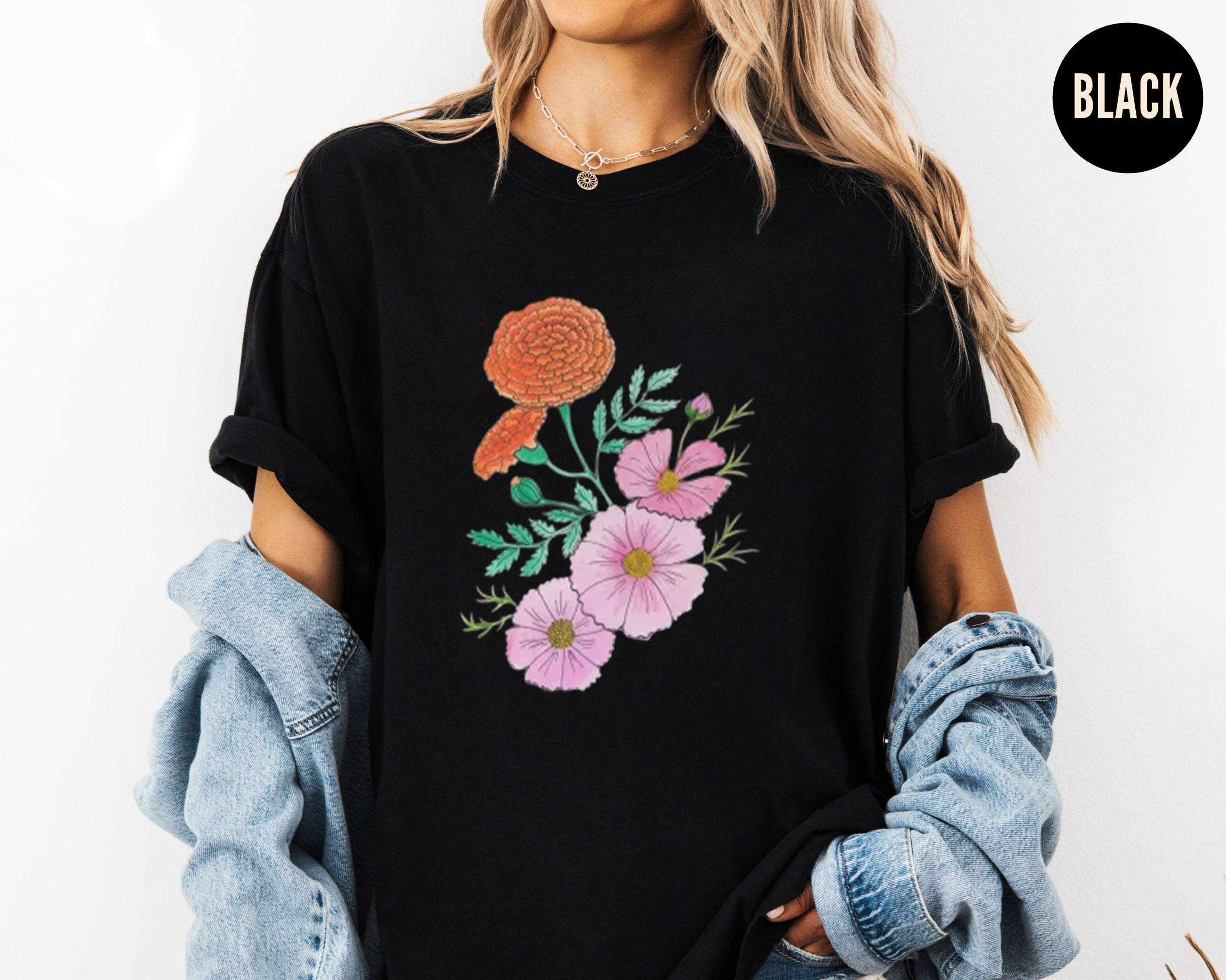 Vintage Wildflower Shirt, Hand Drawn Floral Tee, Marigold and Cosmos Shirt, Botanical Aesthetic Tee, Cottagecore T-Shirt