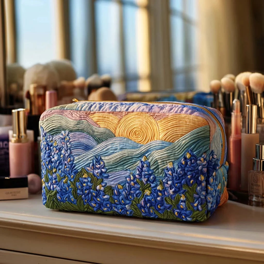 Quilted Bluebonnet Landscape Makeup Bag, Texas Wildflower Cosmetic Bag, Scenic Sunset Travel Toiletry Pouch, Nature Zipper Organizer Gift for Women – QMBPETAL67