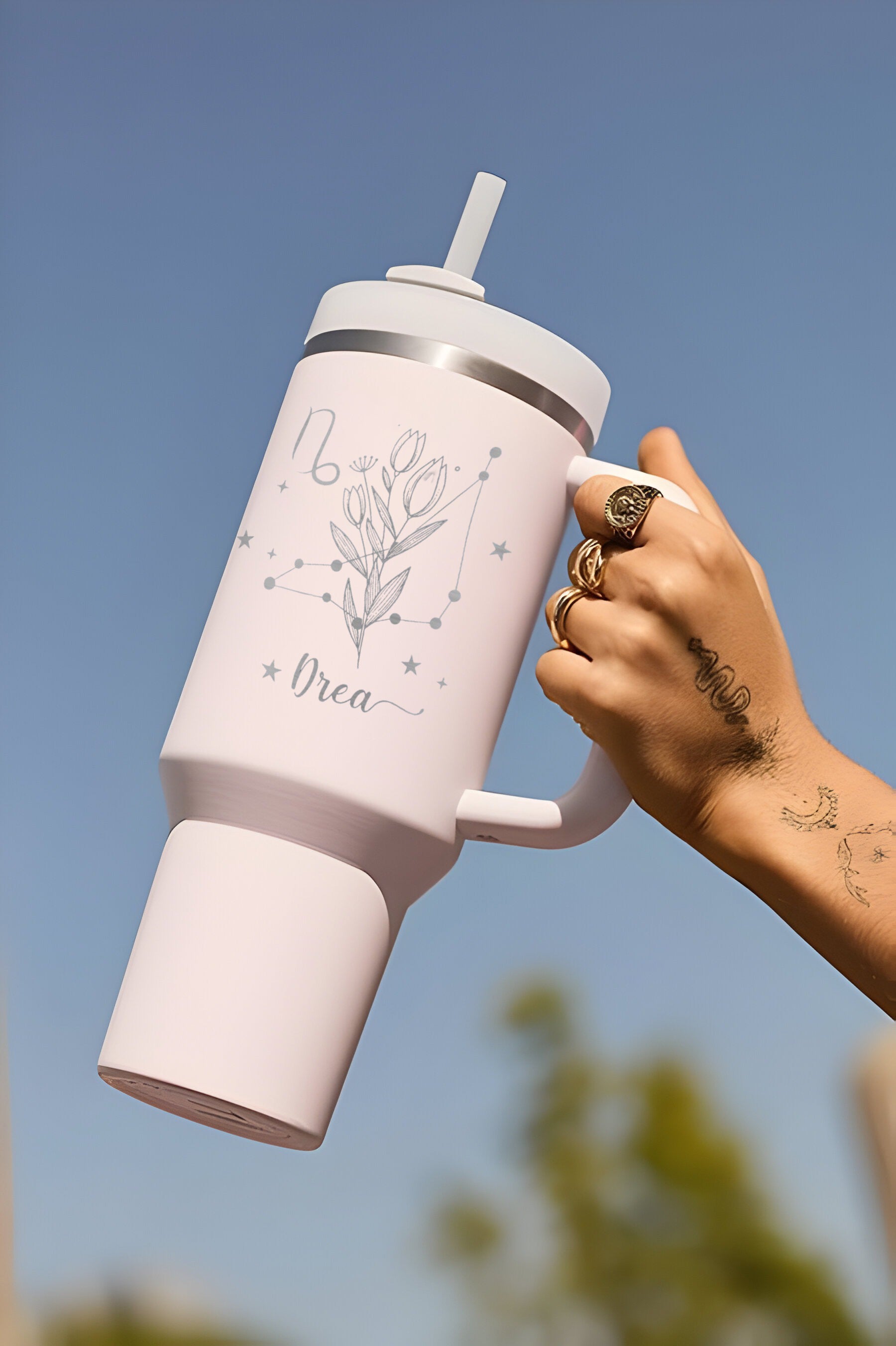 Personalized 40oz Tumbler with Handle, Birth Flower Zodiac Sign Cup, Custom Name Astrology Mug, Gift for Her, Best Friend Gift, Bridesmaid Gift