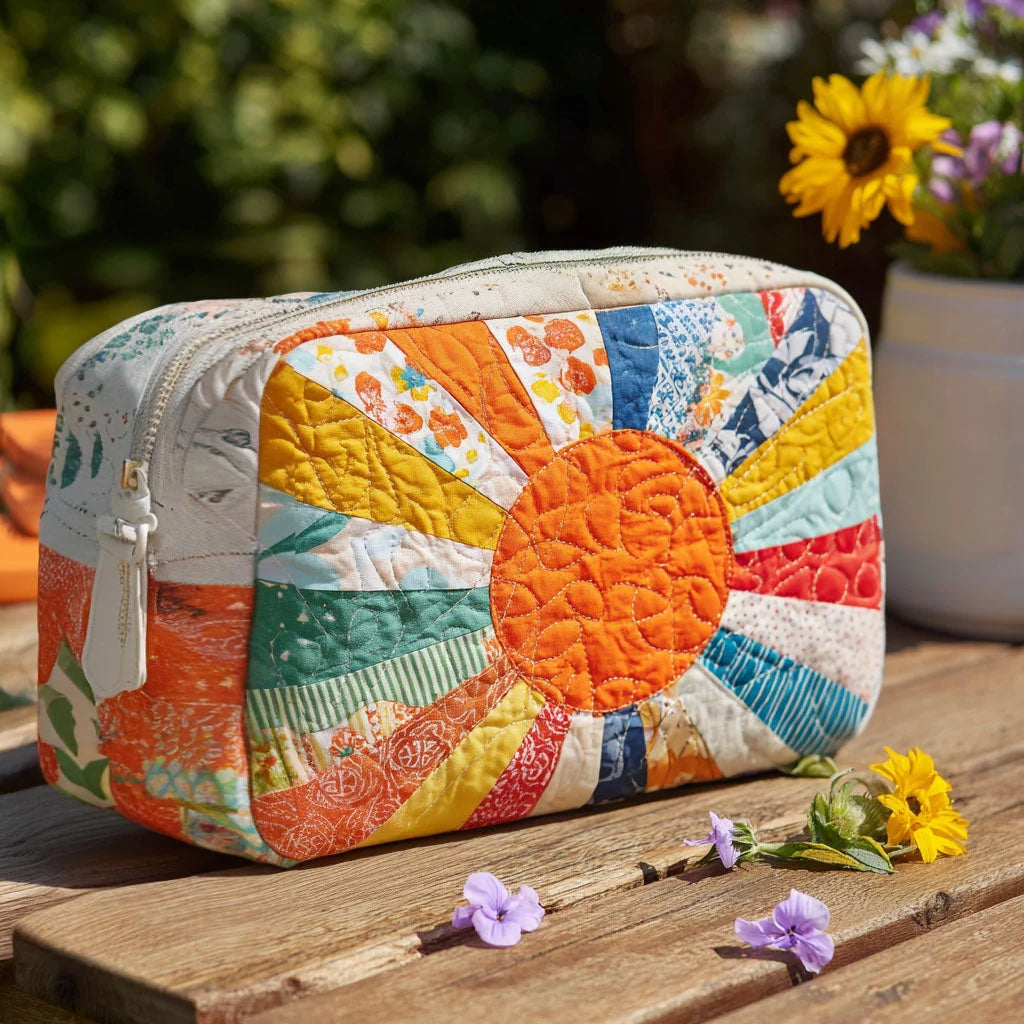 Quilted Patchwork Sunshine Makeup Bag, Colorful Sunburst Cosmetic Bag, Boho Travel Toiletry Pouch, Bright Summer Zipper Organizer Gift for Women – QMBPETAL68