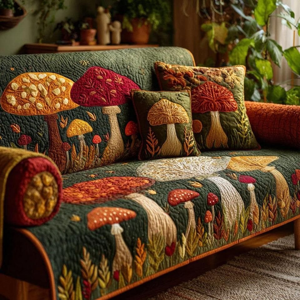 Vintage Mushroom Garden Quilted Sofa Cover, Mushroom Pattern Sofa Cover, Patchwork Couch Throw, Sofa Protector, Holiday Sofa Decor QUILTSOFA58