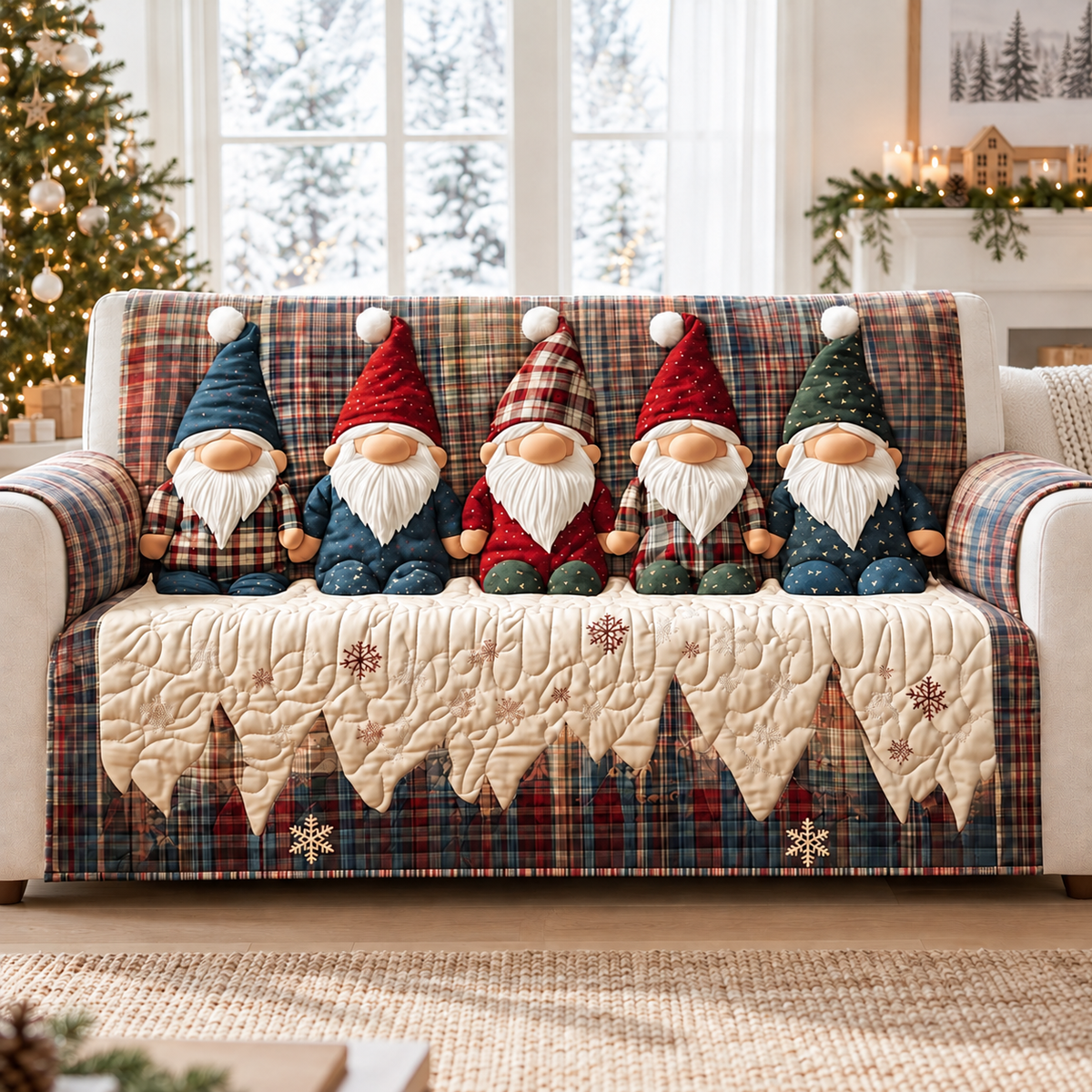 Vintage Gnome Christmas Quilted Sofa Cover, Gnome Pattern Sofa Cover, Patchwork Couch Throw, Sofa Protector, Holiday Sofa Decor QUILTSOFA59