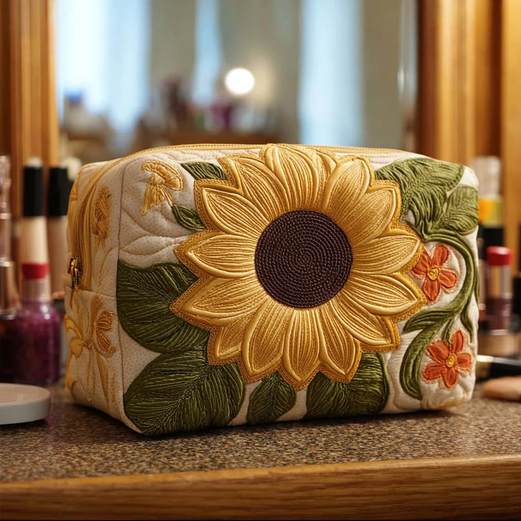 Quilted Sunflower Makeup Bag, Botanical Floral Cosmetic Bag, Cottagecore Travel Toiletry Pouch, Nature-Inspired Zipper Organizer Gift for Women – QMBPETAL69