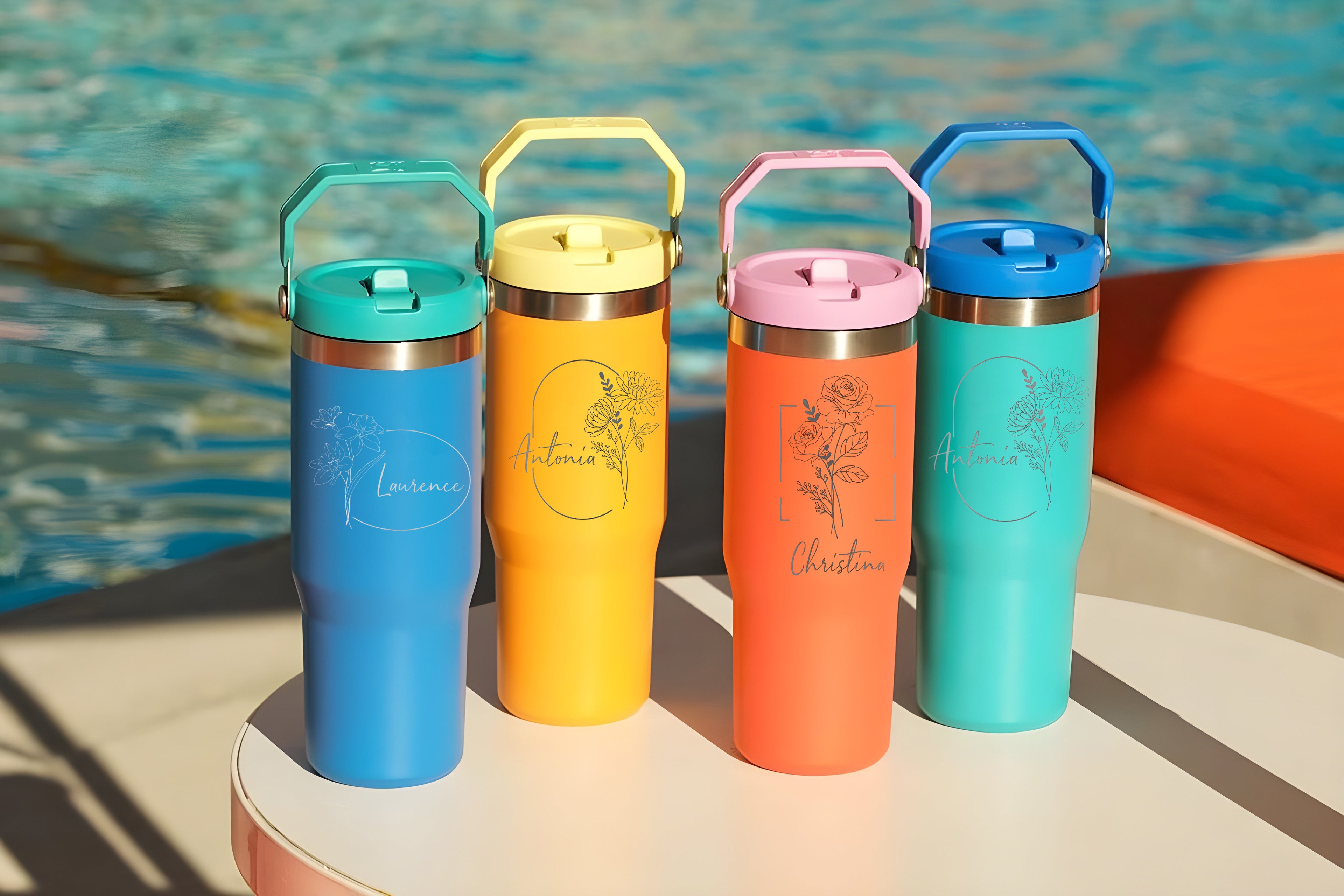 Personalized Monthly Bloom Tumbler with Handle, Custom Name 40oz Cup, Birth Flower Engraved Insulated Mug, Unique Birthday Gift for Her