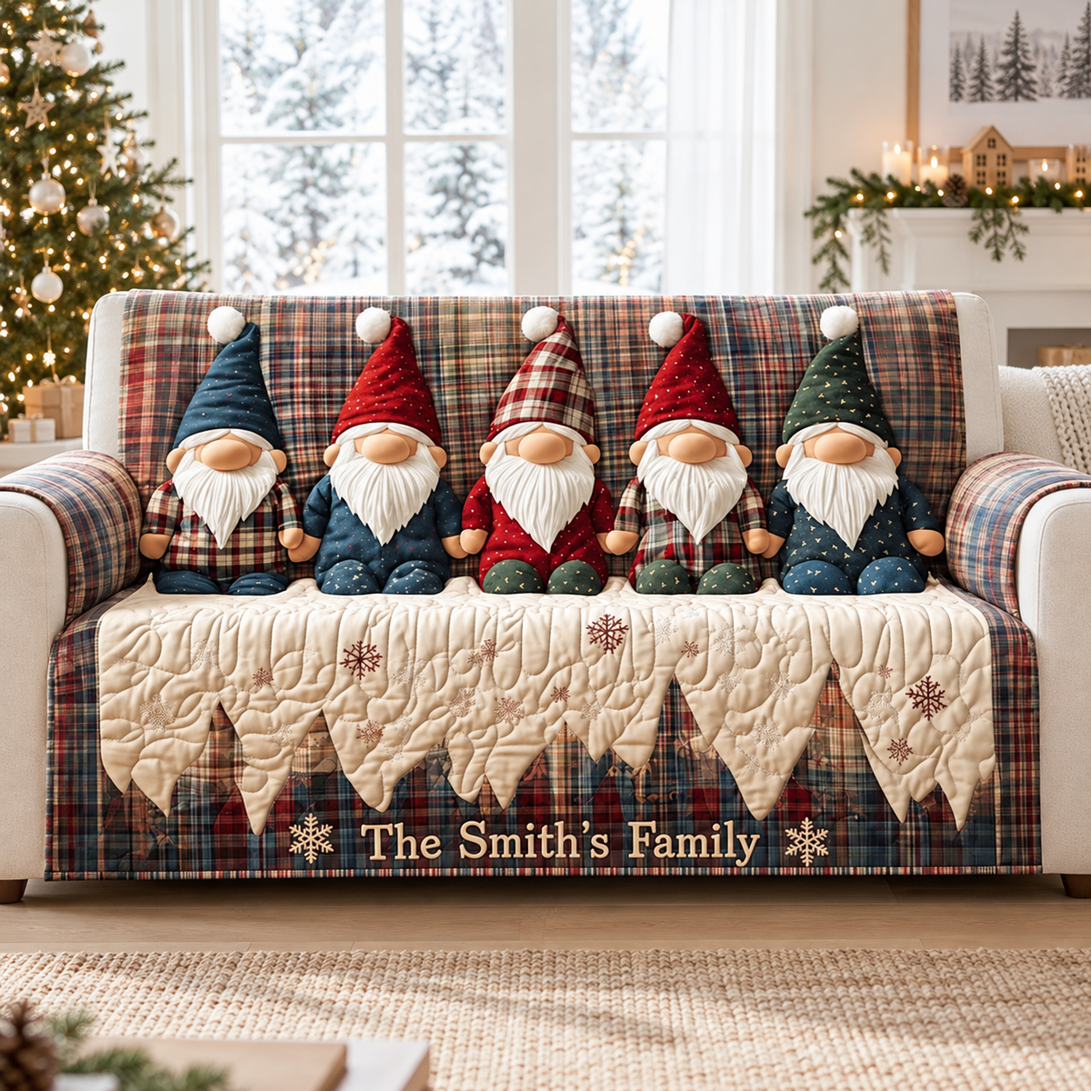 Vintage Gnome Christmas Quilted Sofa Cover, Gnome Pattern Sofa Cover, Patchwork Couch Throw, Sofa Protector, Holiday Sofa Decor QUILTSOFA59