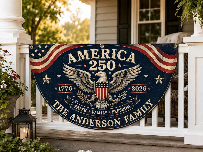 Custom 250th Anniversary Fan Flag, Personalized Family Name Patriotic Bunting, 1776-2026 USA Porch Decoration, Outdoor Patriotic Decor BPETAL09
