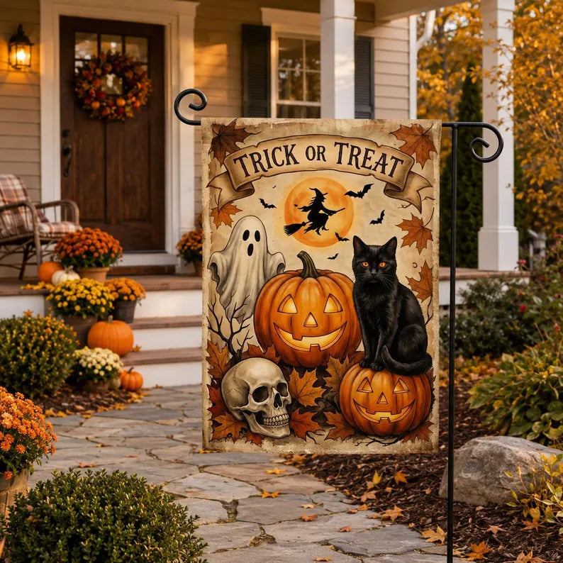 Happy Halloween Garden Flag, Trick Or Treat Halloween Garden Flag, Black Cat Garden Flag, Spooky Season, Halloween Decor. HLWGFPETAL14