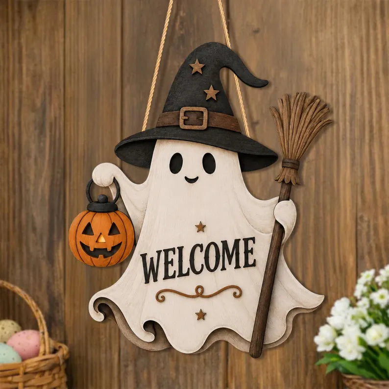 Ghost Welcome Door Hanger, Cute Halloween Ghost Sign, Witch Hat Decor, Wooden Halloween Door Sign. HLWDHPETAL02