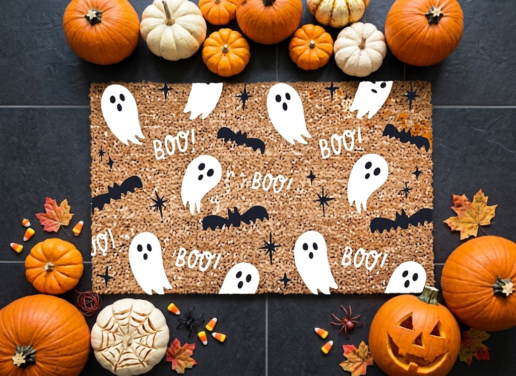 Halloween Doormat, Ghost & Bat Pattern, Fall Decor, Welcome Mat, Happy Halloween Fun Decorative Welcome Mat for Spooky Season. DMPETAL22