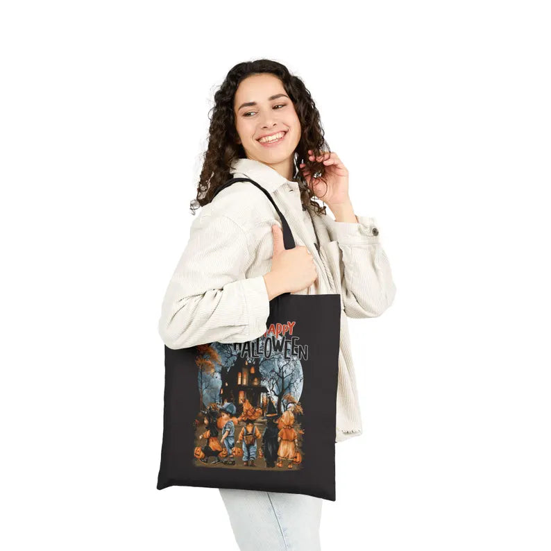 Happy Halloween Tote Bag Cute Vintage Kids Canvas Handbag Retro Haunted House Shoulder Shopping Bag Spooky Full Moon Autumn Fall Gift. HLWTBPETAL12