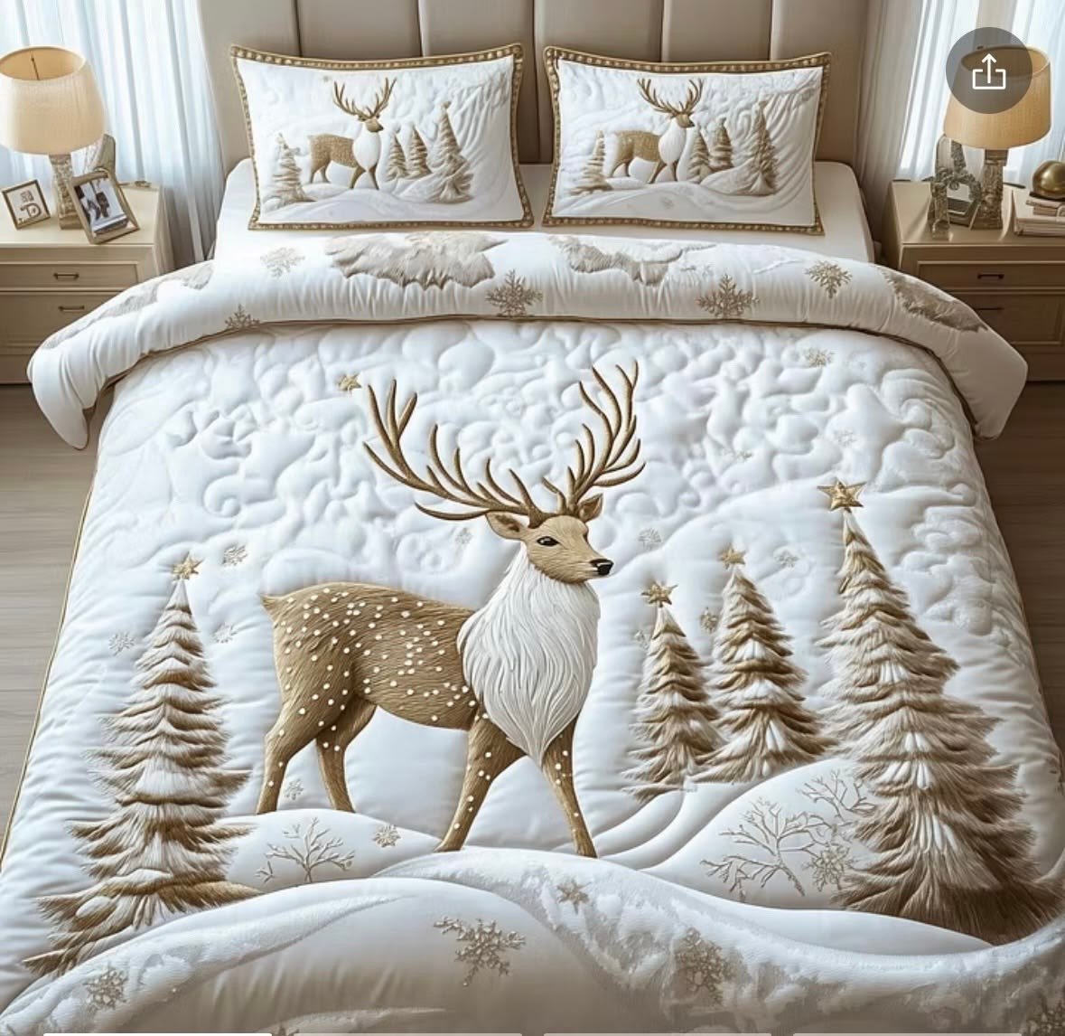 Winter Deer Quilted Bedding Set, Christmas Holiday Bedspread with Pillowcases, Festive Winter Bedroom Decor, Bedding Decor PTBED06
