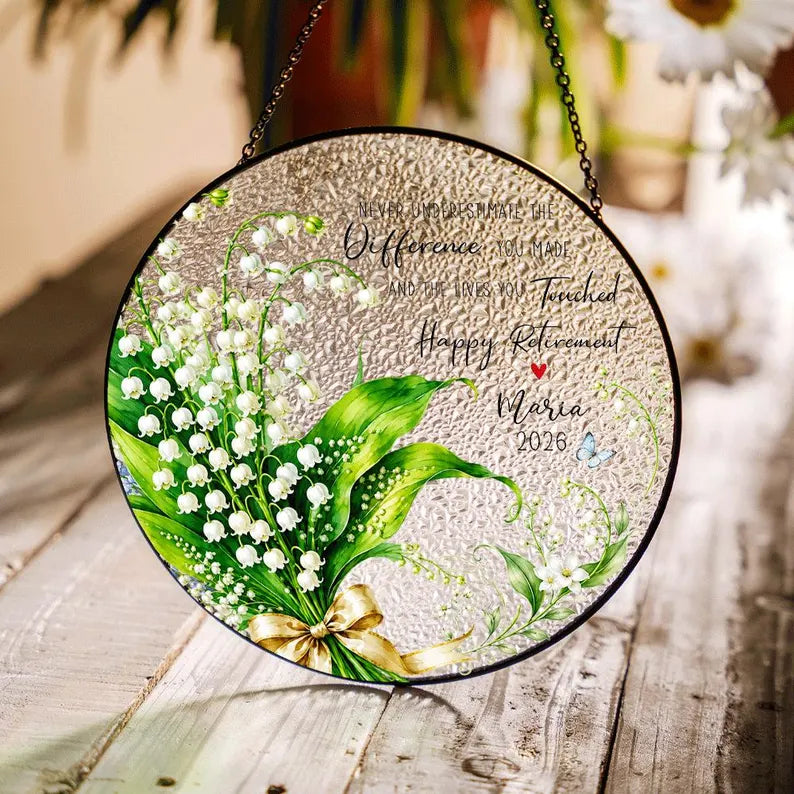 Lily of the Valley Retirement Suncatcher, Custom Teacher Gift, Personalized Window Hanging, Retirement Decor. SUNPETAL13