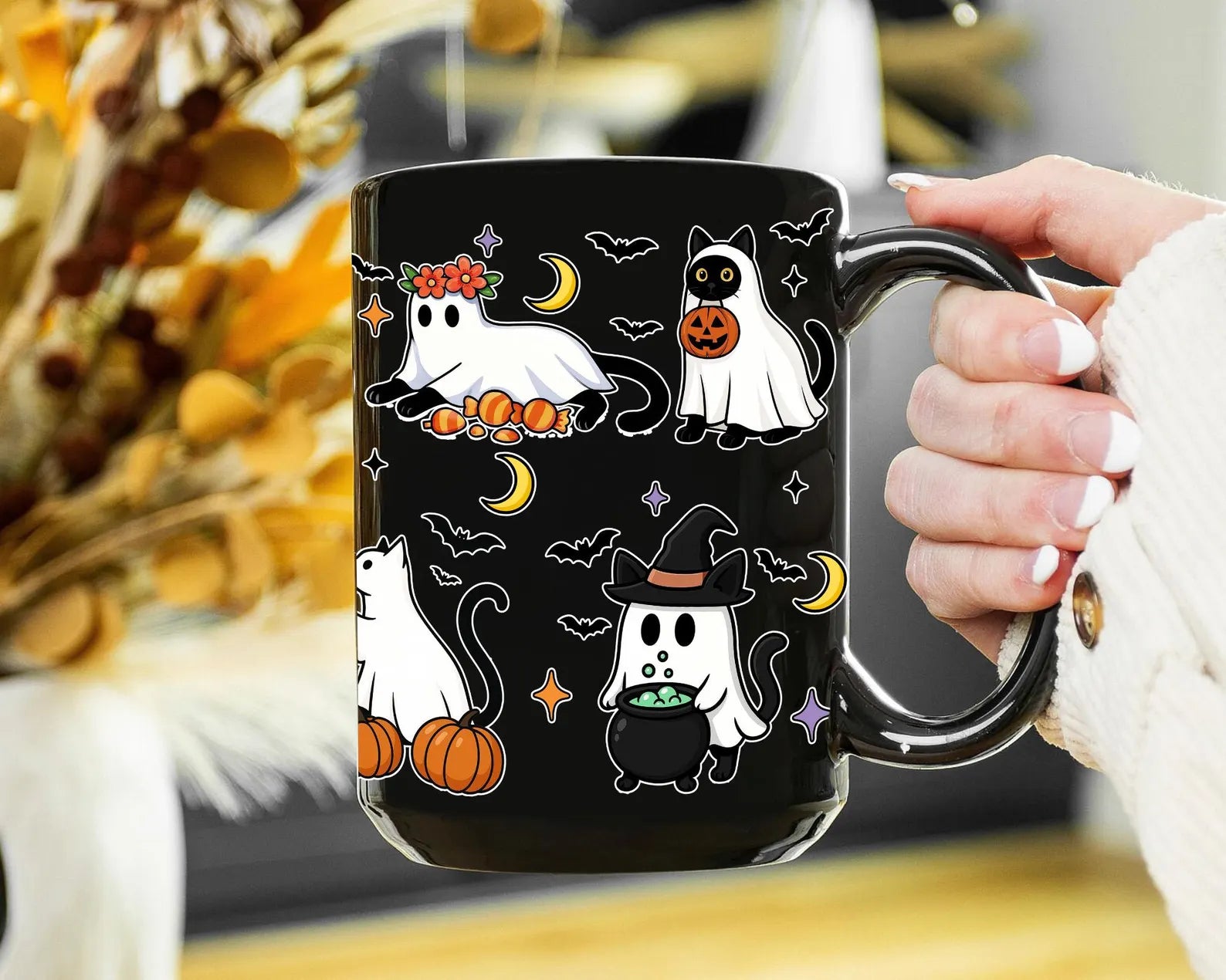 Funny Halloween Coffee Mug, Halloween Black Cat Ghosts Mug, Spooky Cat Mug, Halloween Gift for Cat Lovers, Cute Ghost Mug, Fall Pumpkin Cat. MPETAL9