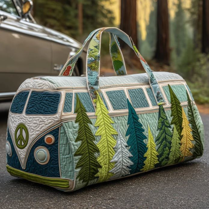 Forest Camper Van Quilted Duffle Bag – Pine Tree Nature Travel Weekender Tote, Boho Outdoor Overnight Bag, Cute Adventure Duffel Gift for Women