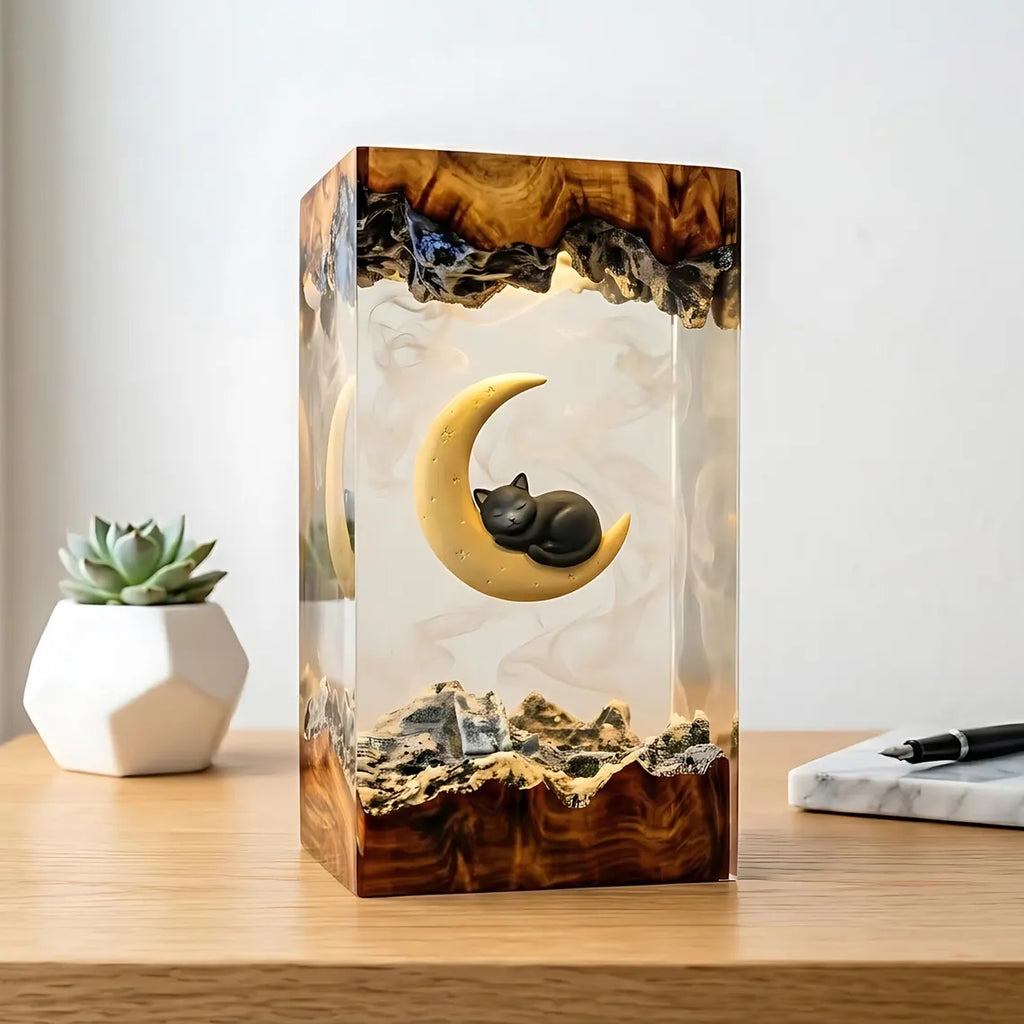 Sleeping Cat Moon Resin Lamp, Book Lover Night Light, Fantasy Reading Decor, Unique Gift for Readers and Cat Fans. RLPETAL03