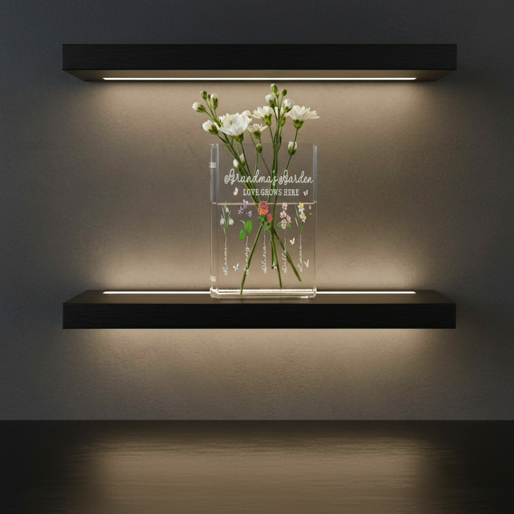 Personalized Birth Month Flower Book Vase – Grandma’s Garden Design, Thoughtful Mother’s Day Gift for Grandma, Floral Home Decor Keepsake