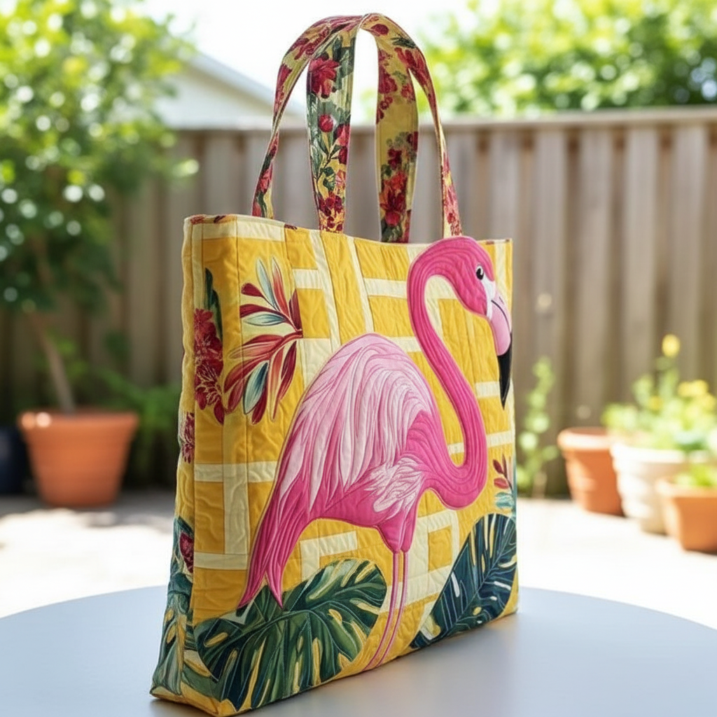 Pink Flamingo Quilted Tote Bag – Tropical Floral Shoulder Bag, Summer Beach Market Tote, Cute Vacation Gift for Women