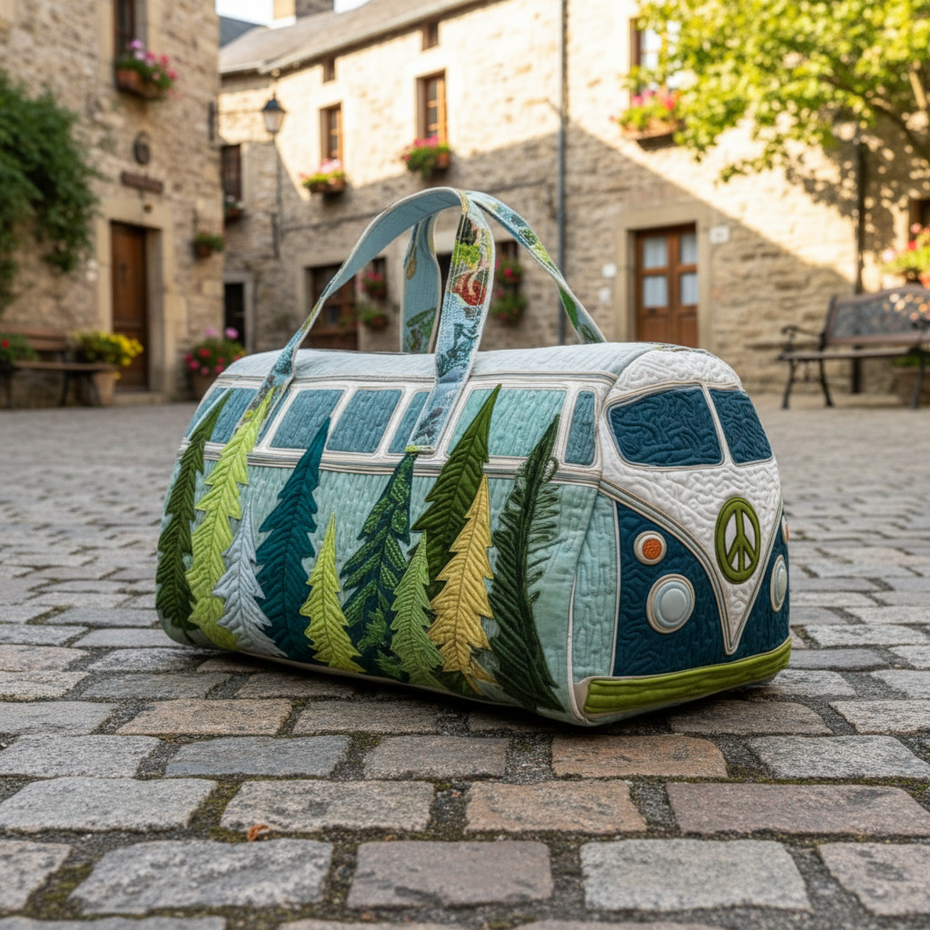 Forest Camper Van Quilted Duffle Bag – Pine Tree Nature Travel Weekender Tote, Boho Outdoor Overnight Bag, Cute Adventure Duffel Gift for Women