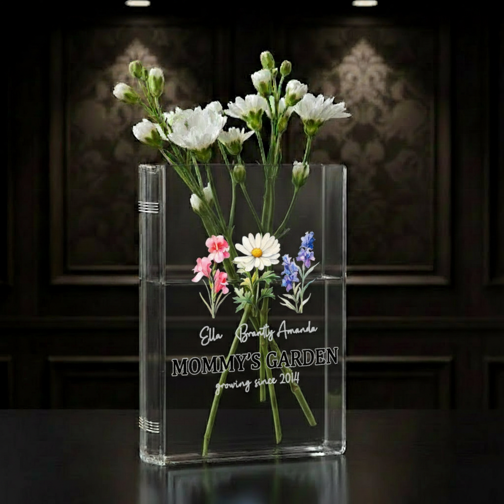 Personalized Birth Month Flower Book Vase – Custom Ceramic Pot, Thoughtful Gift for Mom, Grandma, or Nana