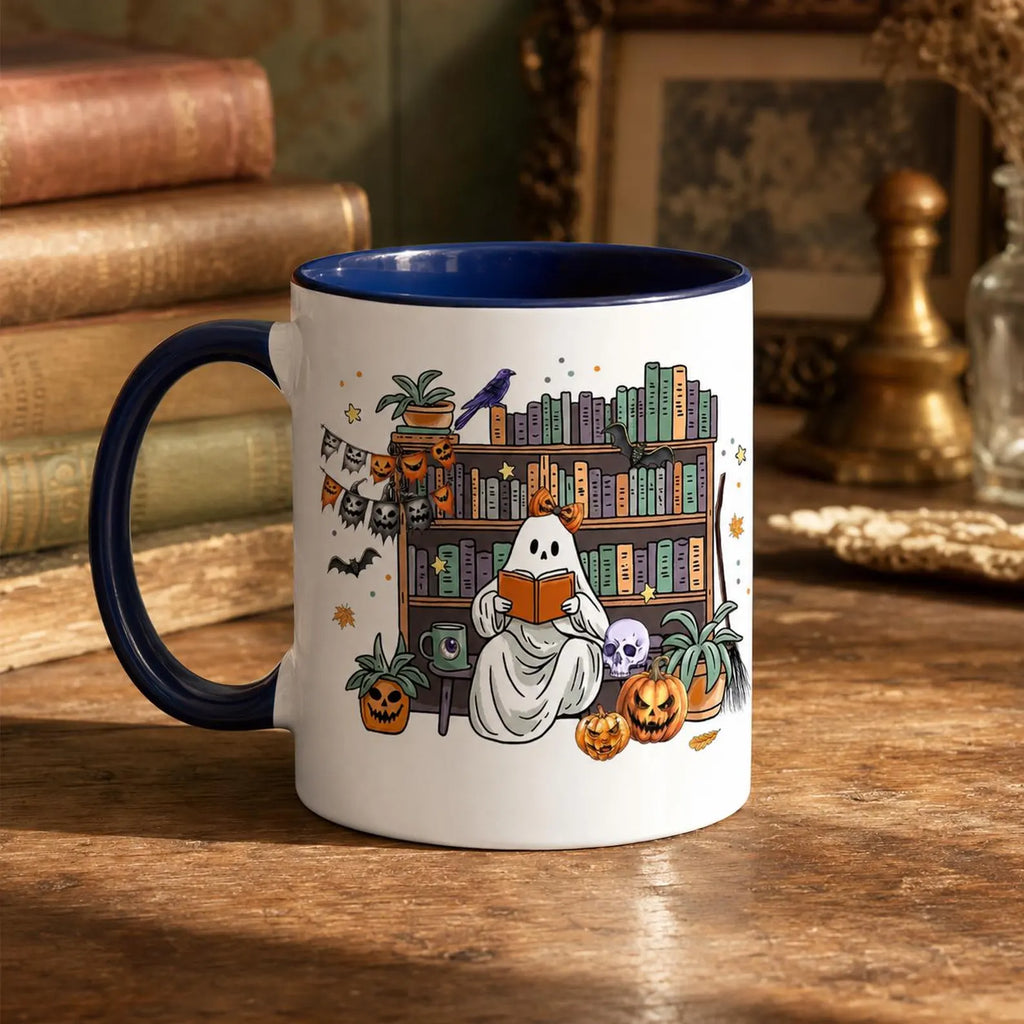 Cute Ghost Reading Book Mug, Spooky Bookshelf Ceramic Cup, Halloween Book Lover Gift For Librarian, Fall Autumn Bookish Cozy Reading Present. MPETAL15