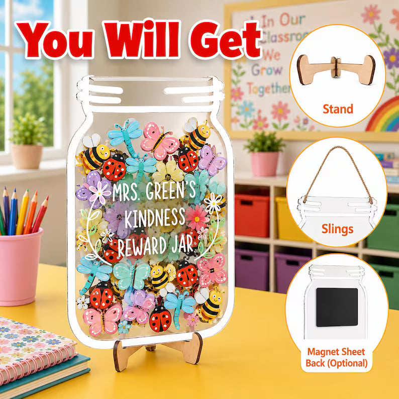 Personalized Kindness Reward Jar, Wooden Garden Theme Classroom Incentive, Custom Insect Token Board for Kids, Back to School Gift. RJPETAL02