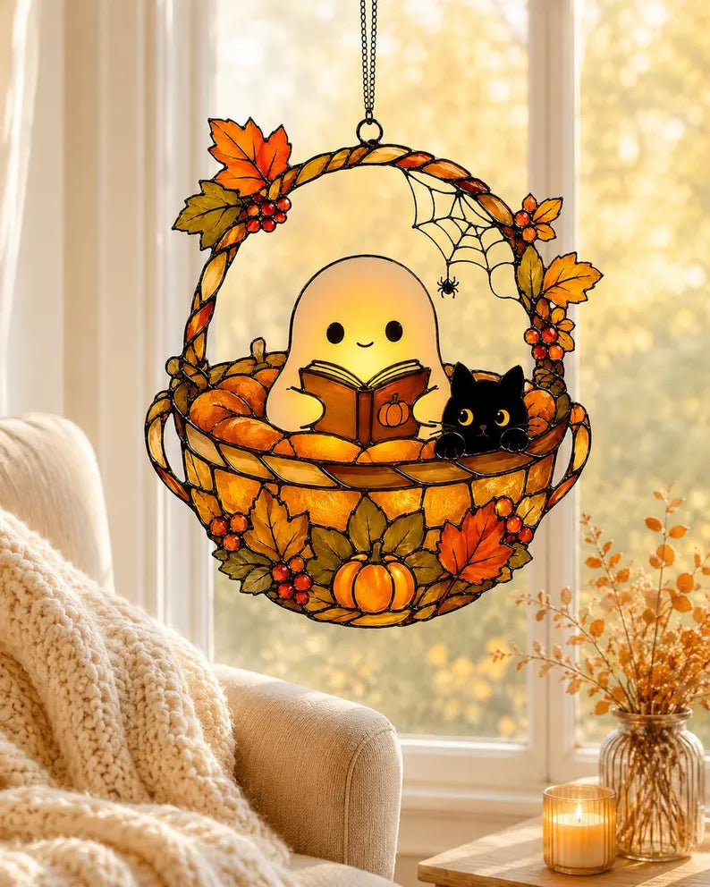 Ghost Reading Book Suncatcher, Ghost And Black Cat in Teacup Acrylic Suncatcher, Book Lover Gift, Ghost Reading Suncatcher Ornament. HSPETAL9