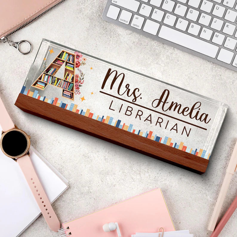 Custom Teacher Desk Name Plate, Teacher Acrylic Block, Teacher Appreciation Gift, Back to School, Book Lover Gift, Librarian Name Sign Gift. DNPETAL09