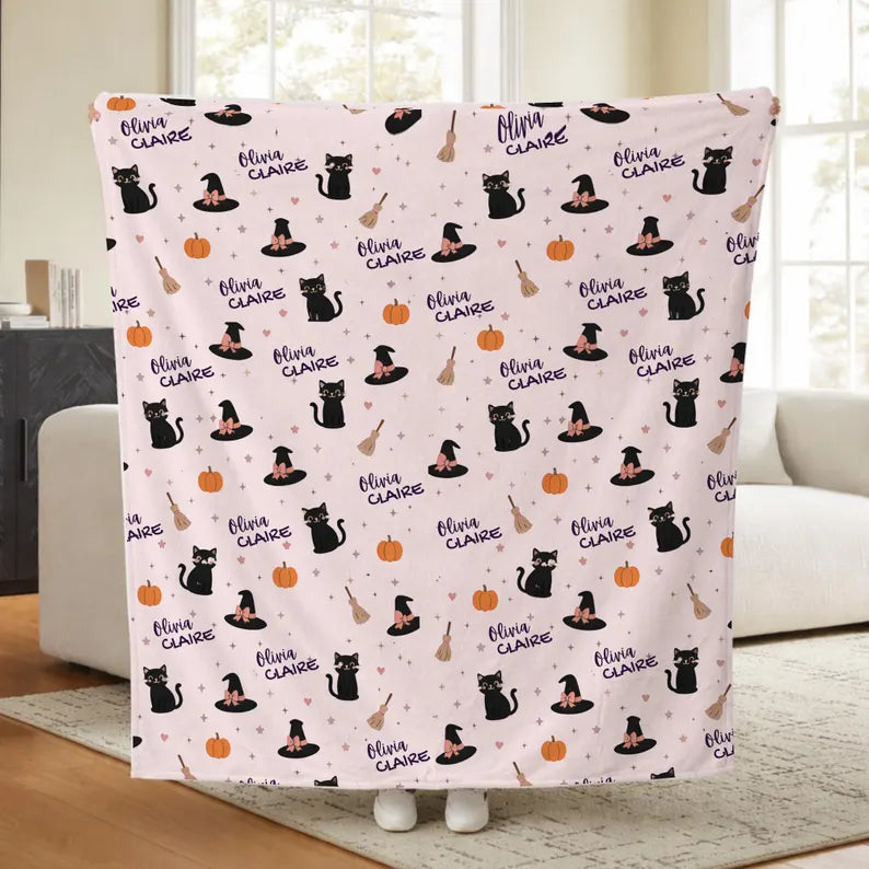 Personalized Halloween Baby Blanket | Custom Baby Name Blanket Black Cats Witch Hats | Baby's First Halloween Gift | Newborn Baby Shower. BLKPETAL6