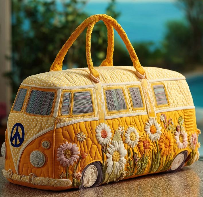 Sunflower Camper Van Quilted Duffle Bag – Hippie Boho Travel Weekender Tote, Floral Summer Overnight Bag, Cute Vintage Duffel Gift for Women