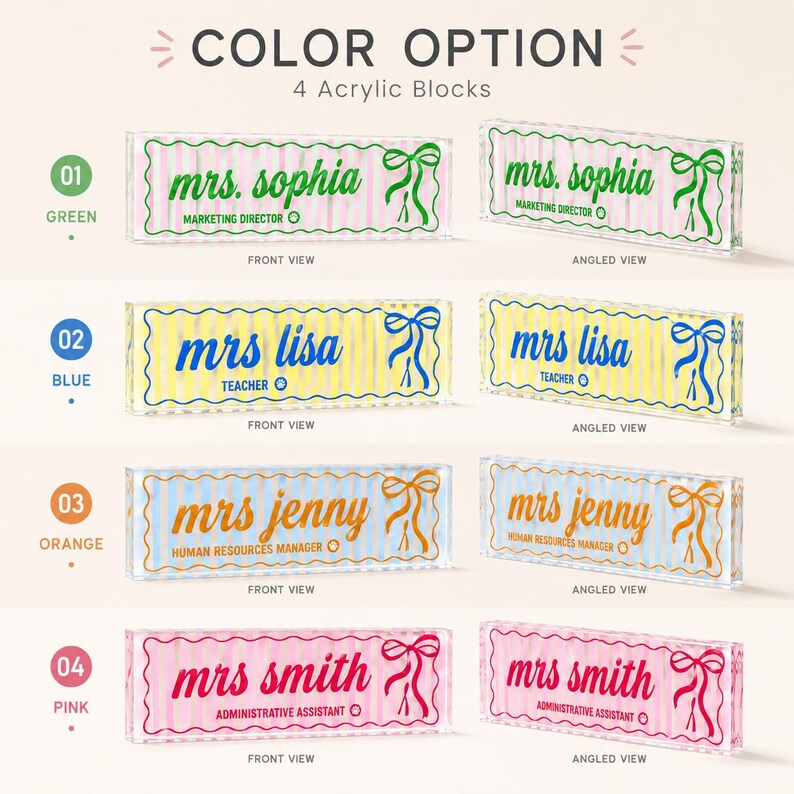 Personalized Preppy Bow Acrylic Desk Name Plate, Custom Teacher Desk Sign, Coquette Office Decor. DNPETAL08